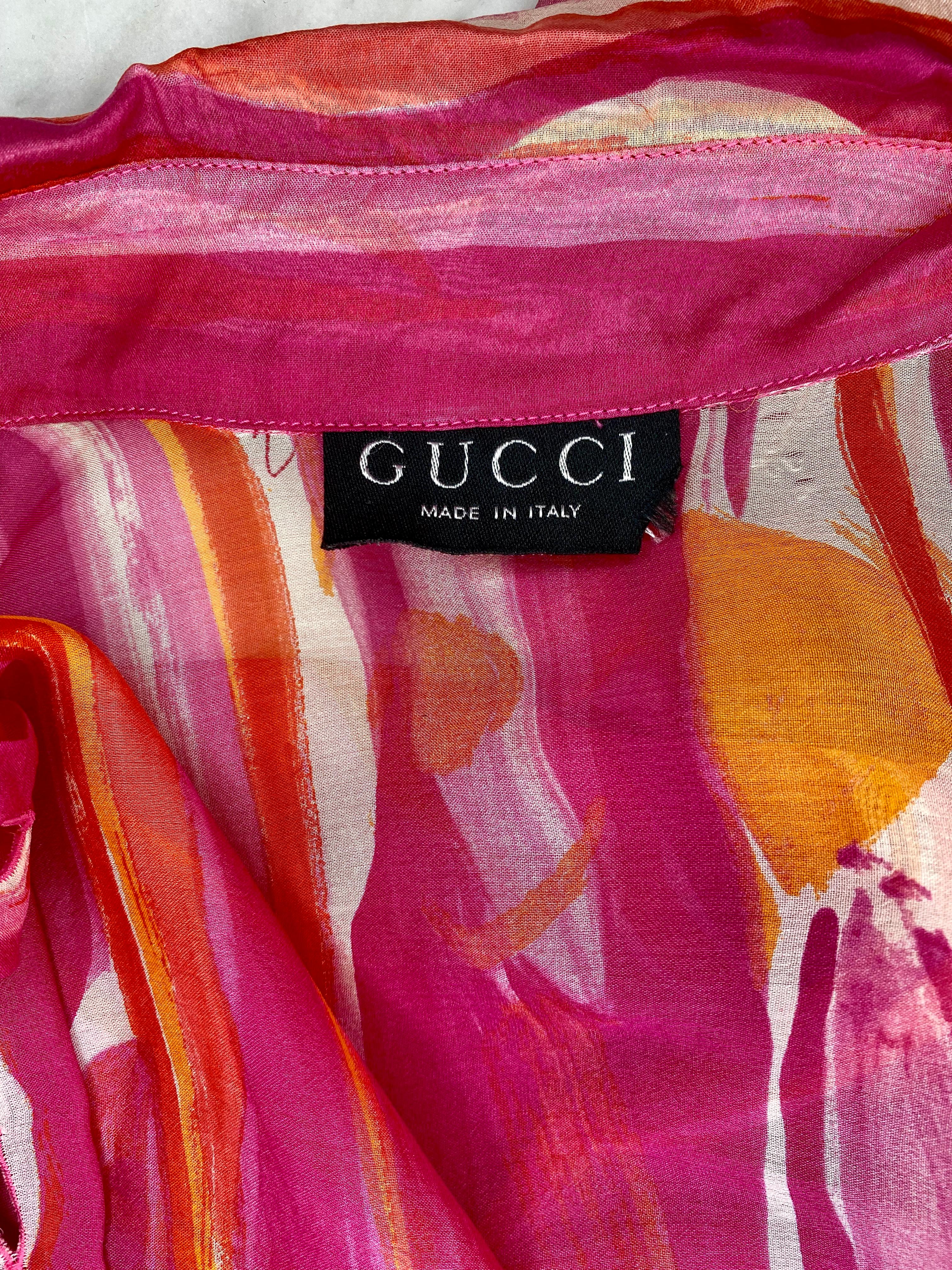 S/S 1996 Gucci by Tom Ford Pink Orange Sheer Abstract Watercolor Button Up Top 1