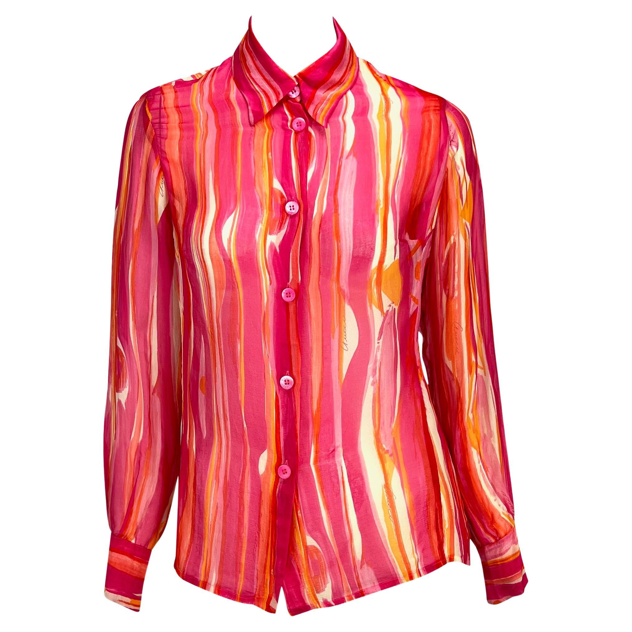 S/S 1996 Gucci by Tom Ford Pink Orange Sheer Abstract Watercolor Button Up Top