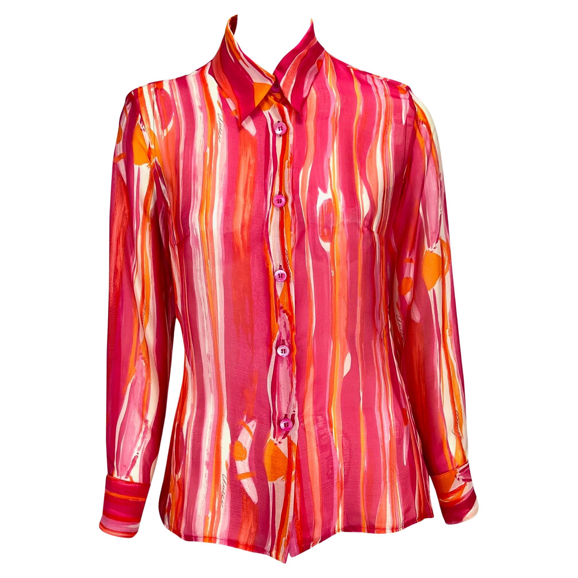 S/S 1996 Gucci by Tom Ford Pink Orange Sheer Abstract Watercolor Button Up Top For Sale
