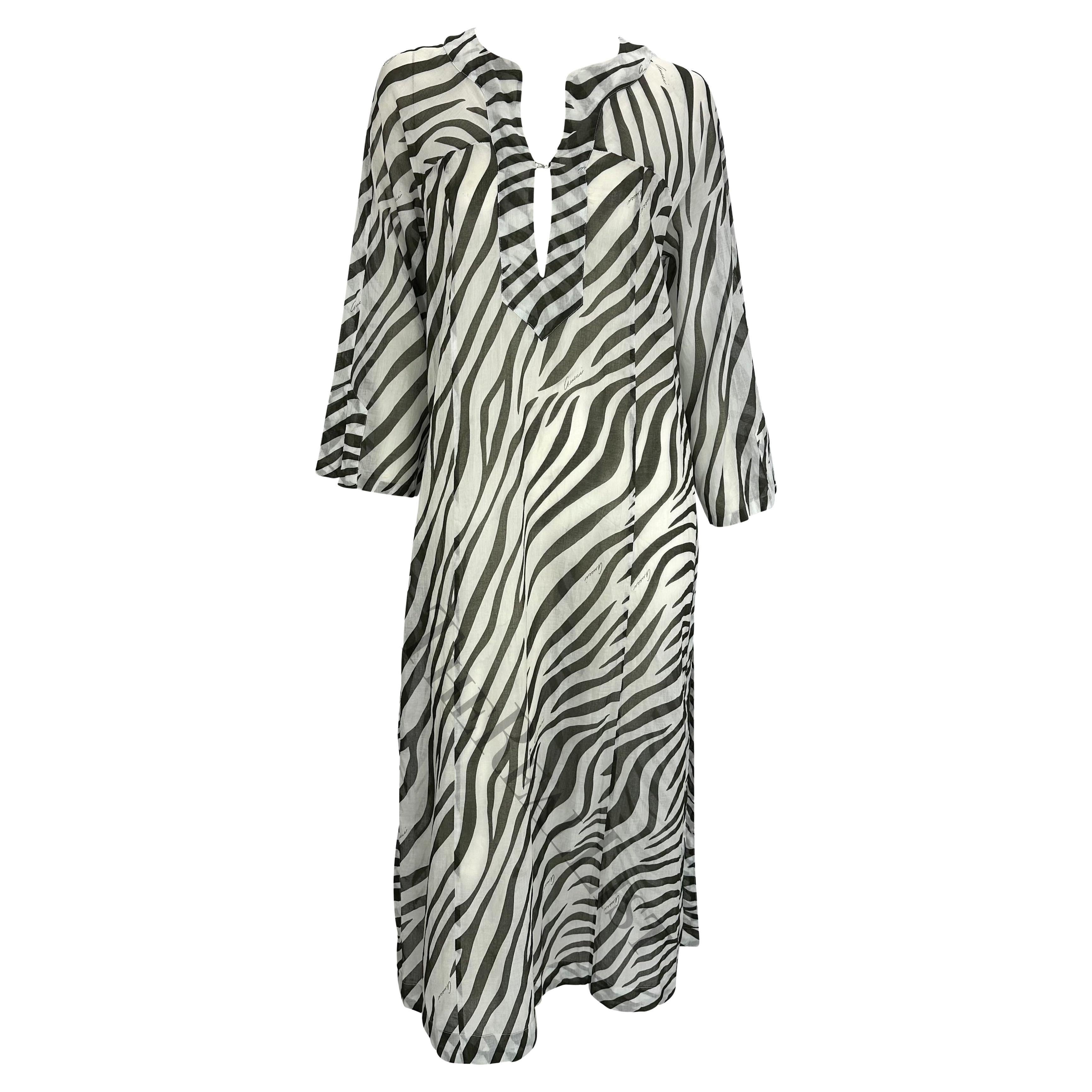 S/S 1996 Gucci by Tom Ford Runway Black White Zebra Print Sheer Kaftan Dress For Sale