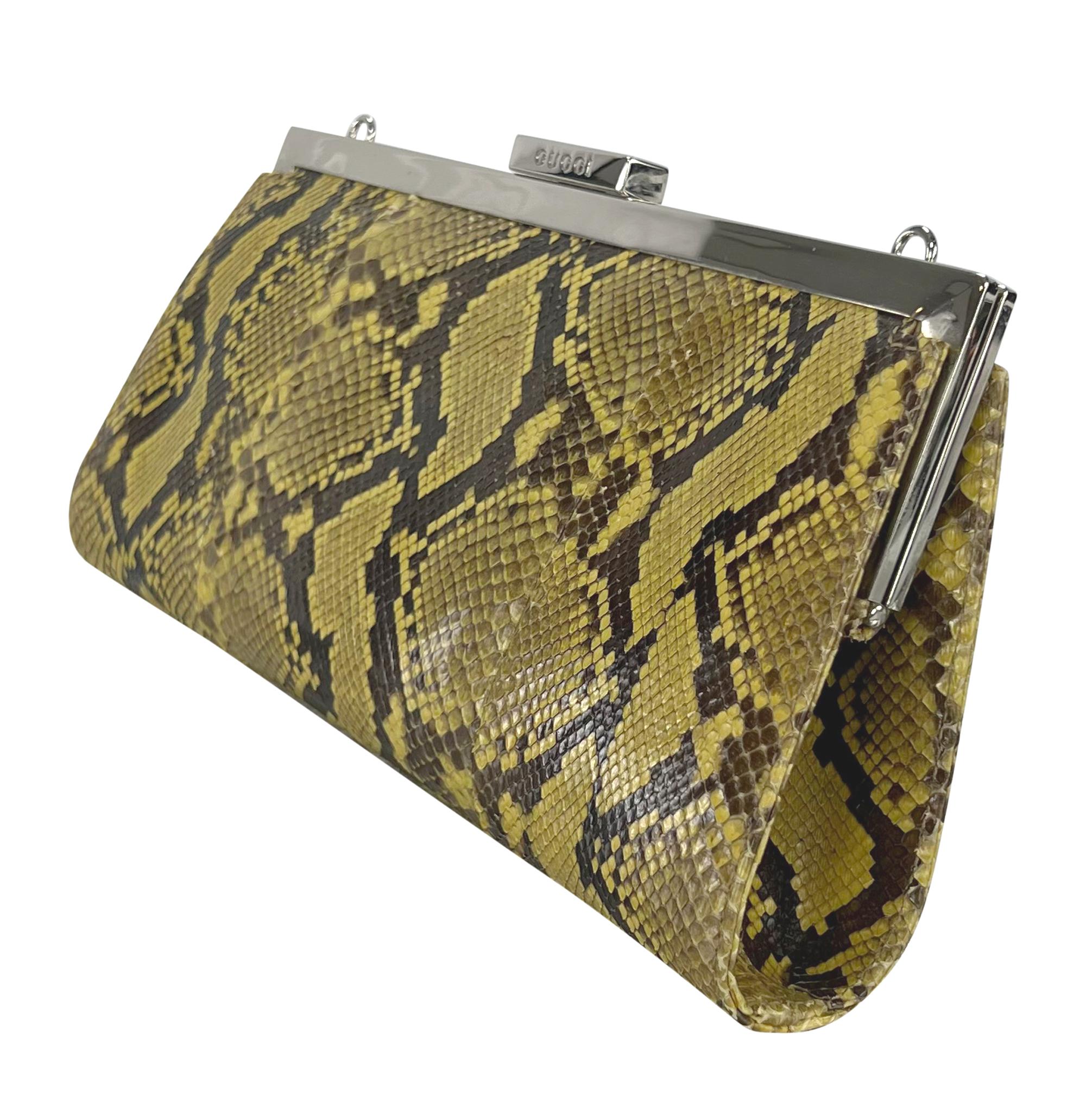 S/S 1996 Gucci by Tom Ford Runway Yellow Genuine Python Skin Chain Crossbody Bag For Sale 1