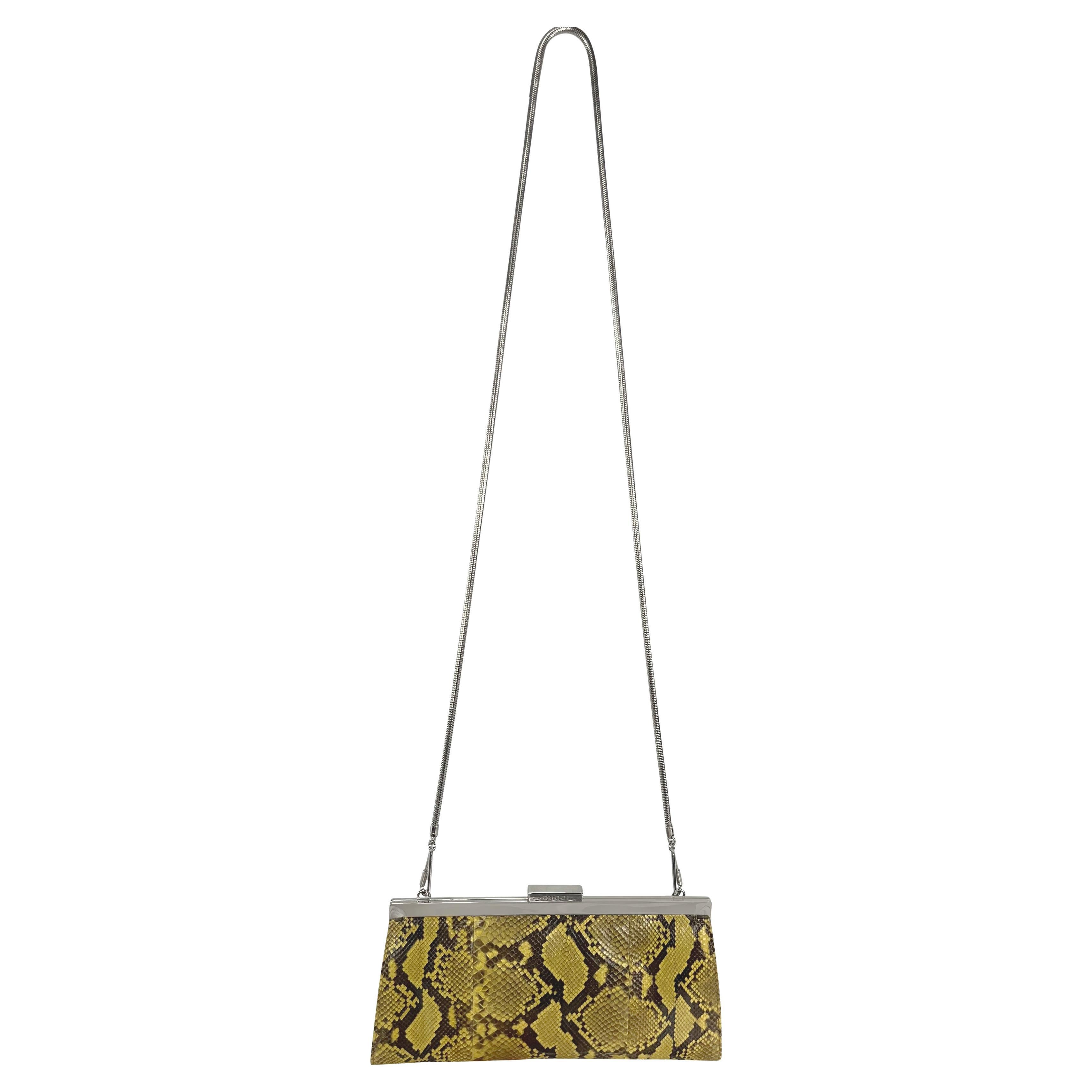 S/S 1996 Gucci by Tom Ford Runway Yellow Genuine Python Skin Chain Crossbody Bag For Sale