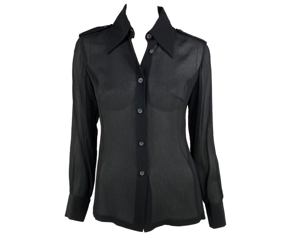 Presenting a collared button up sheer Gucci top, designed by Tom Ford. This top has long sleeves, a prominent collar, and epaulets. Not your average top, this shirt was designed for the Spring/Summer 1996 collection and is the perfect chic elevation
