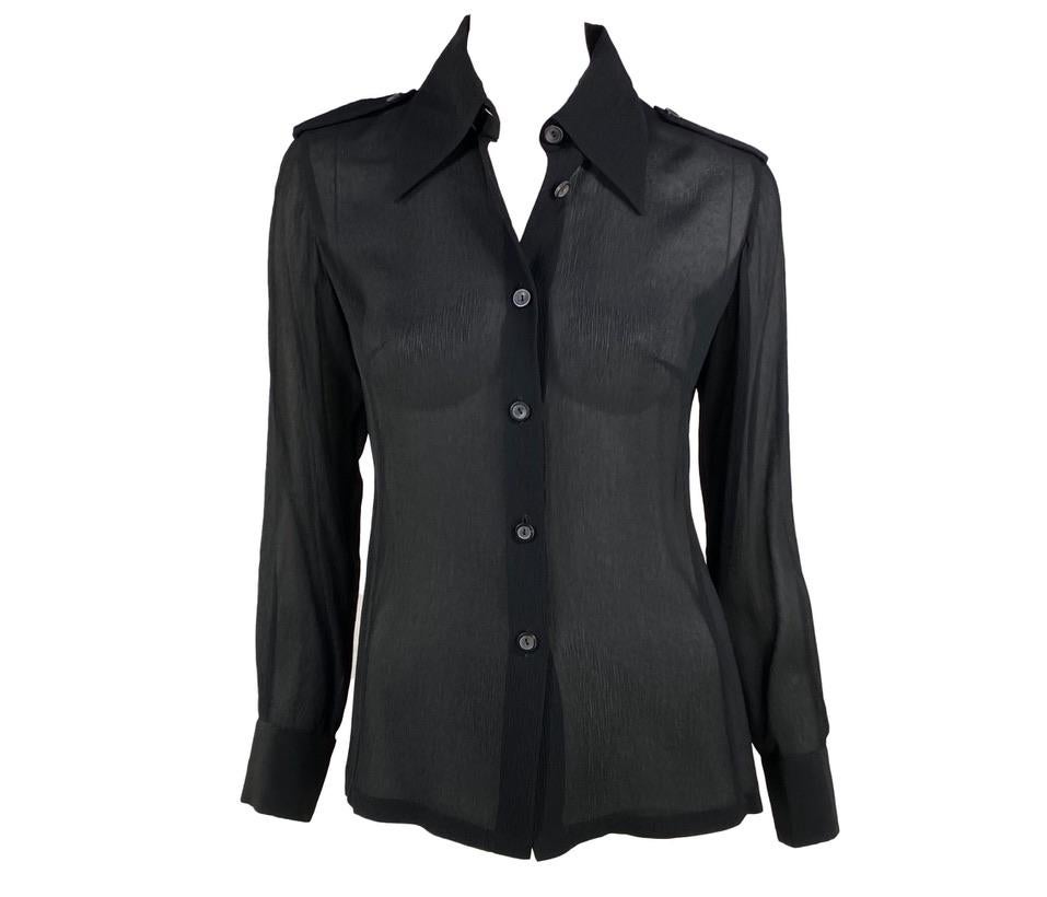Presenting a collared button-up sheer Gucci top designed by Tom Ford. This top has long sleeves, a prominent collar, and epaulets. Not your average top, this shirt was designed for the Spring/Summer 1996 collection and is the perfect chic elevation