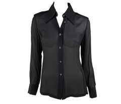 S/S 1996 Gucci by Tom Ford Sheer Black Crepe Silk Military Epaulette Button Top