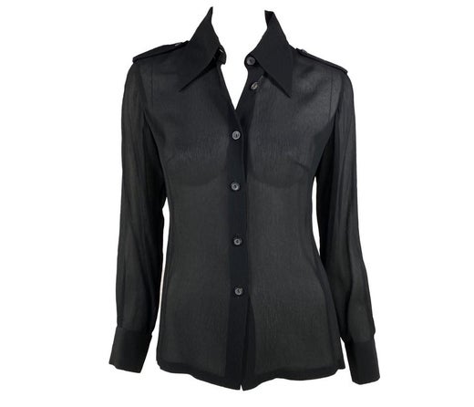 S/S 1996 Gucci by Tom Ford Sheer Black Crepe Silk Military Epaulette Button  Top For Sale at 1stDibs