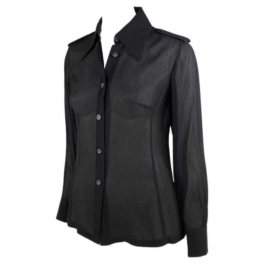 S/S 1996 Gucci by Tom Ford Sheer Black Crepe Silk Military Epaulette Button Top For Sale