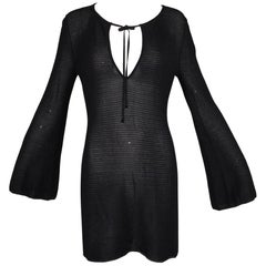S/S 1996 Gucci by Tom Ford Sheer Black Plunging Crochet Bell Sleeve Mini Dress