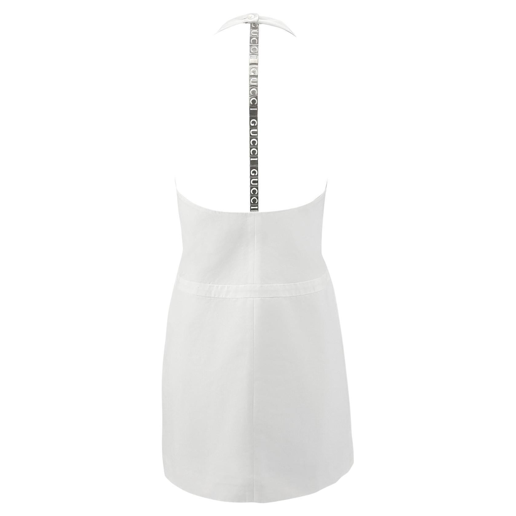 S/S 1996 Gucci by Tom Ford White Metal Logo Spine Backless Halter Dress For Sale
