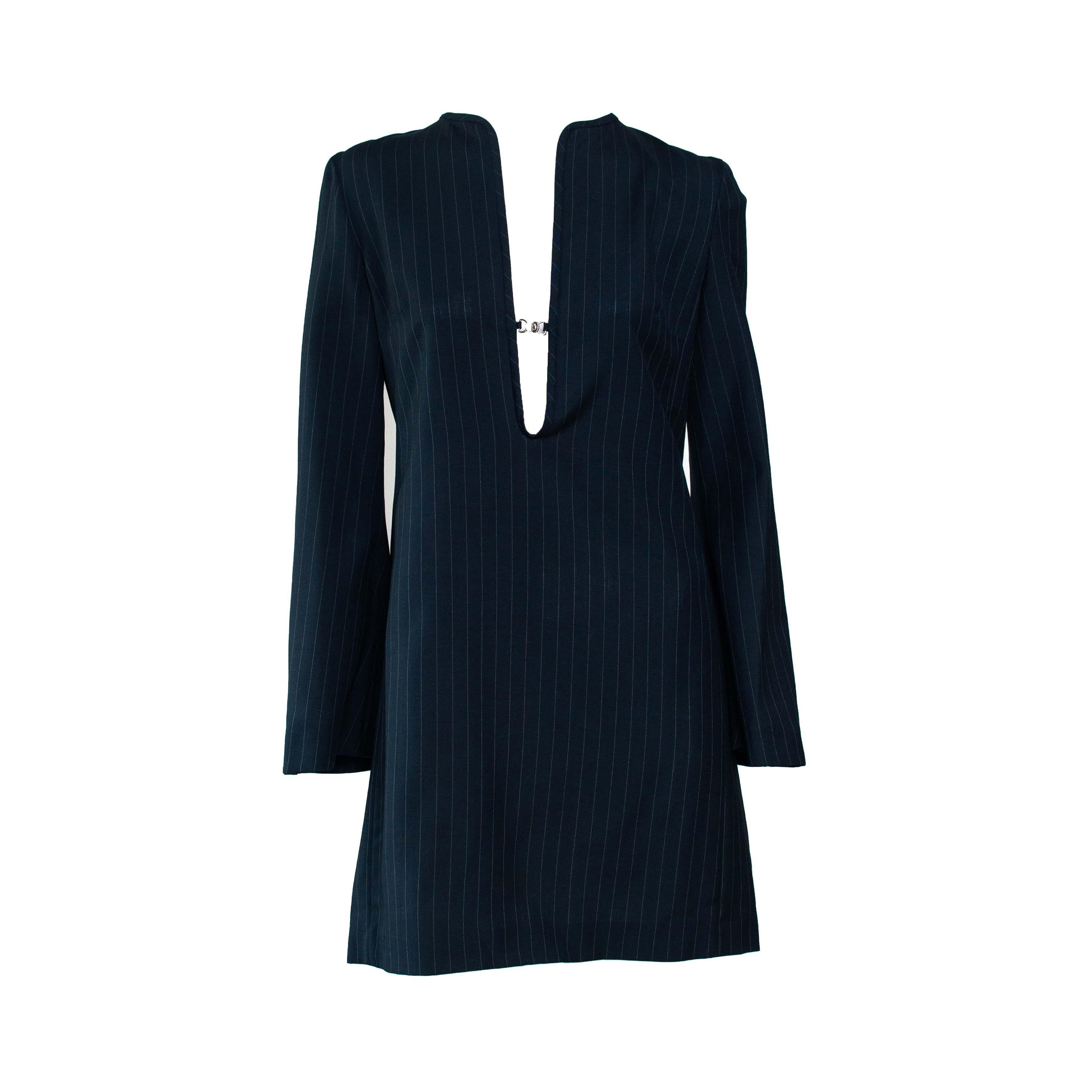 S/S 1996 Gucci Tom Ford Nadelstreifen-Mini-Tunika-Laufstegkleid mit GG-Verschluss