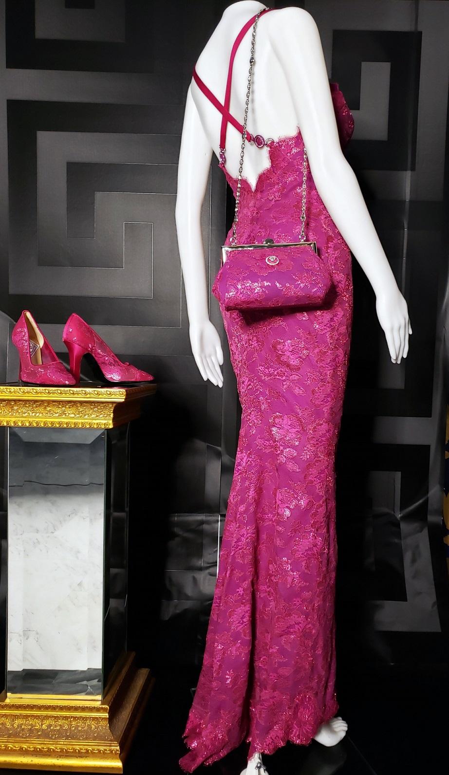 Pink S/S 1996 ICONIC VINTAGE VERSACE ATELIER PINK LACE GOWN as seen in MET MUSEUM