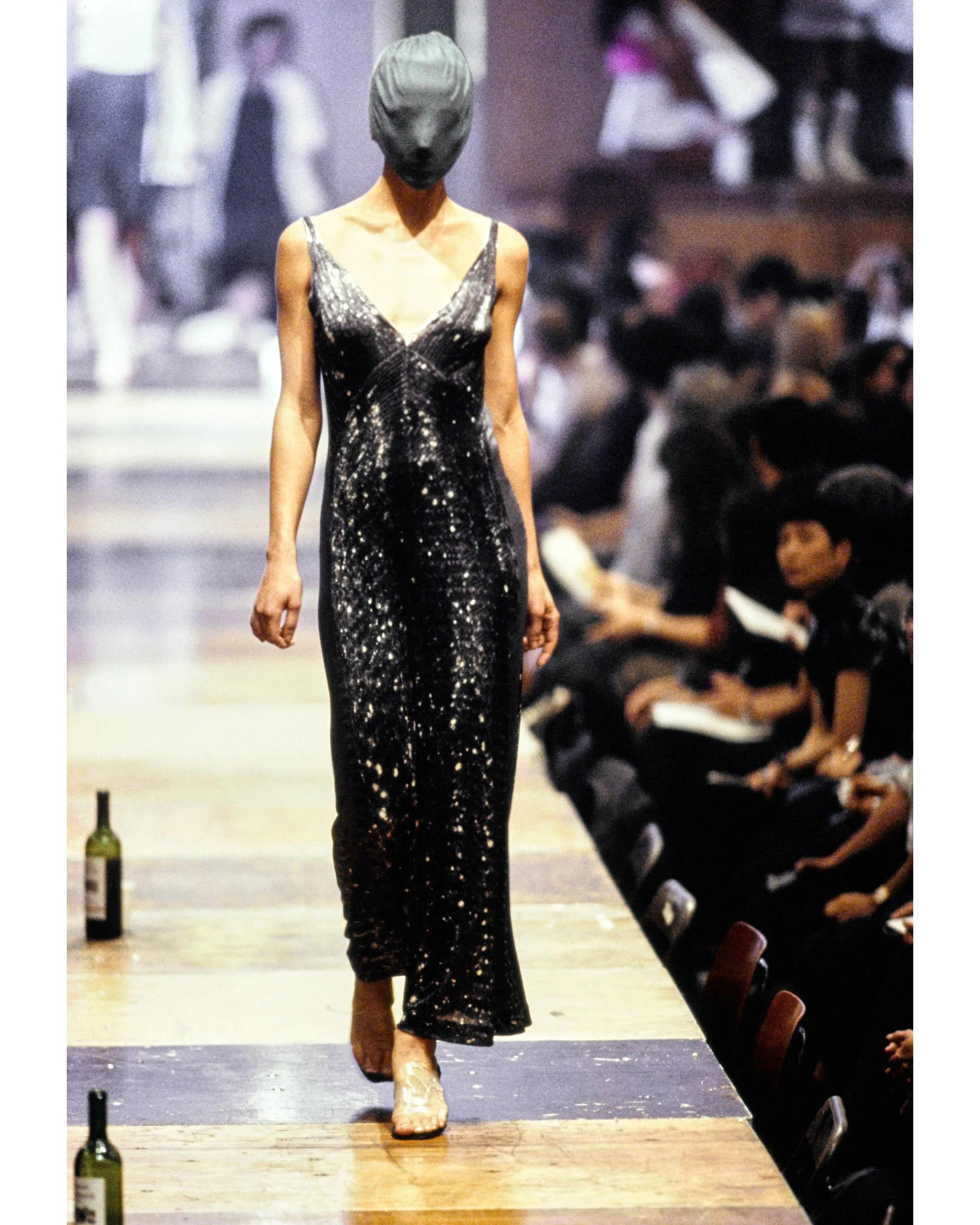 S/S 1996 Maison Martin Margiela sequin print trompe l'oeil maxi dress. Fitted sleeveless V-neck dress. As seen on the runway, with faces covered to bring emphasis to the garments. Similar pieces featured in the MET Museum. Fabric Contents: 100%