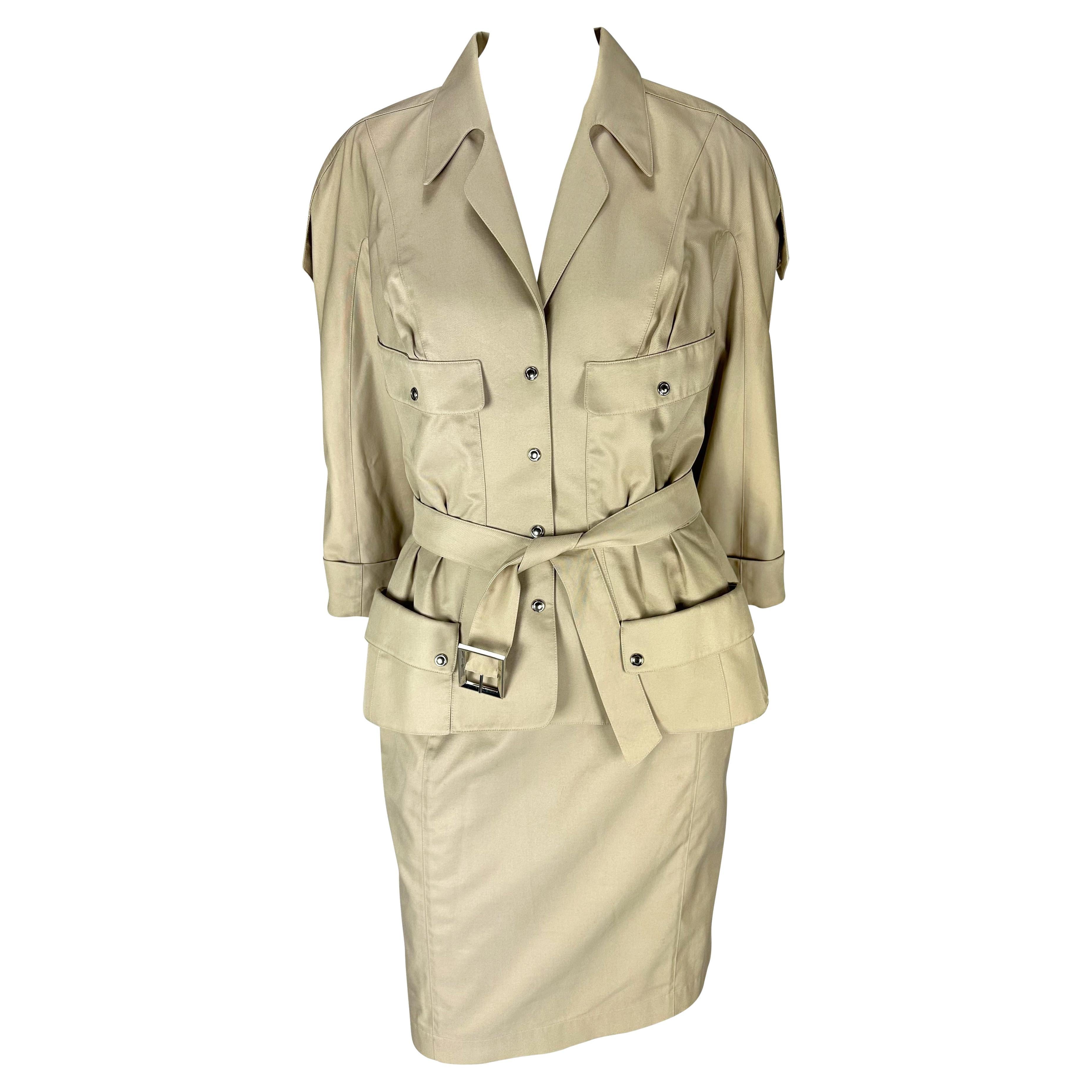 S/S 1996 Thierry Mugler Runway Khaki Cinched Belted Skirt Suit For Sale