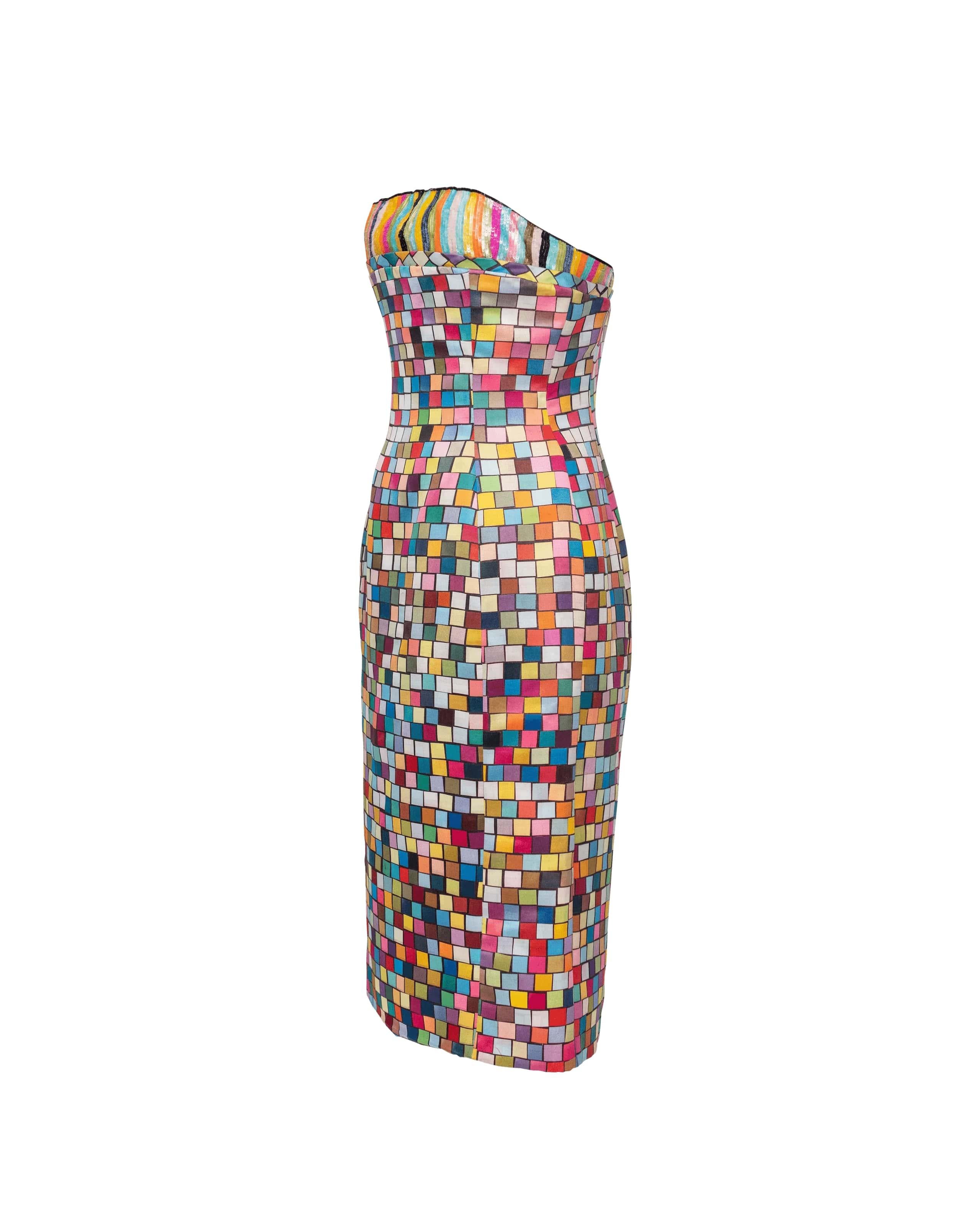 S/S 1996 Todd Oldham rainbow brick patterned midi dress. Sequin rainbow striped bust adds an extra playful element. As seen on the runway on supermodel Amber Valletta. 