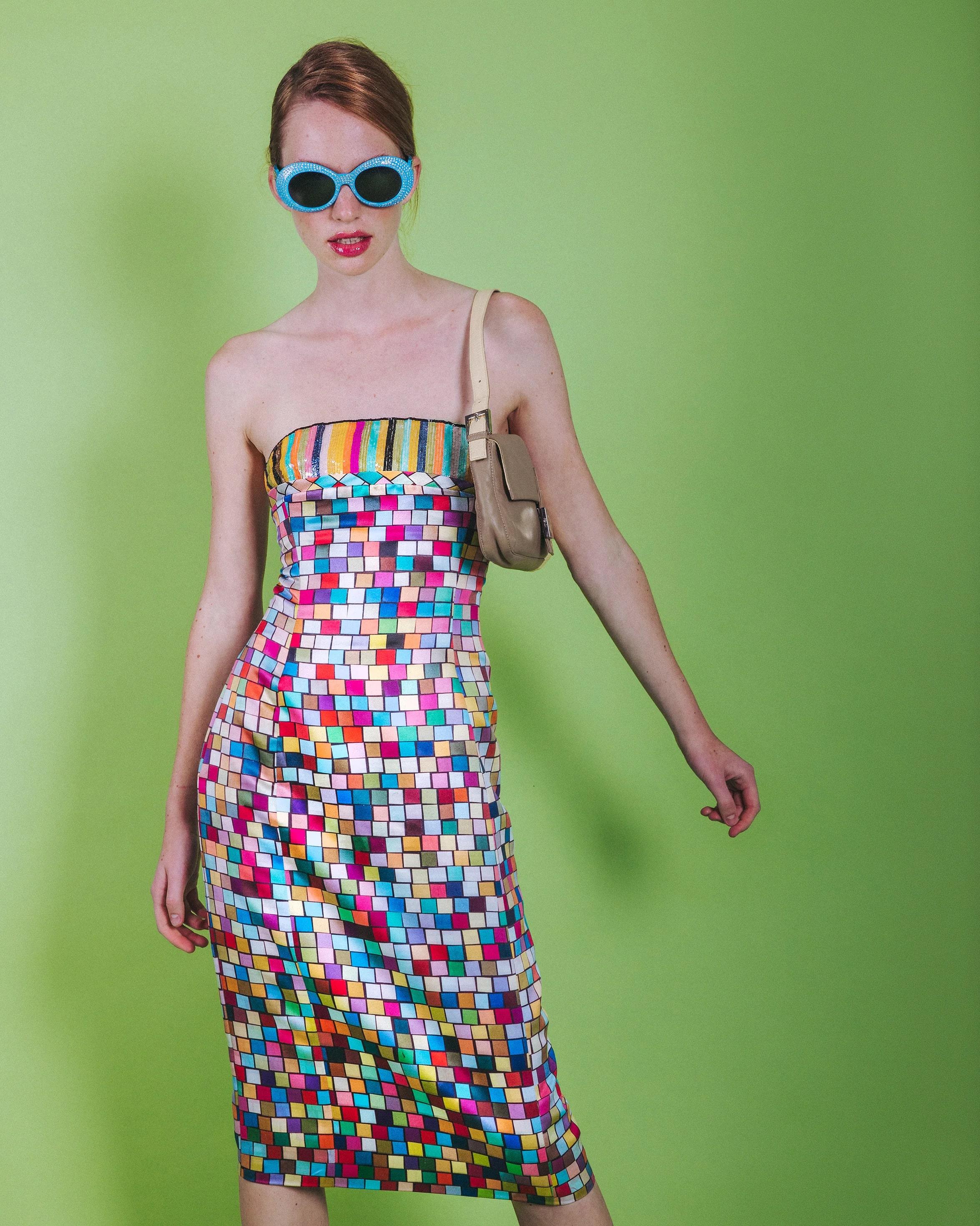 Women's S/S 1996 Todd Oldham Rainbow Brick Patterned Midi Dress
