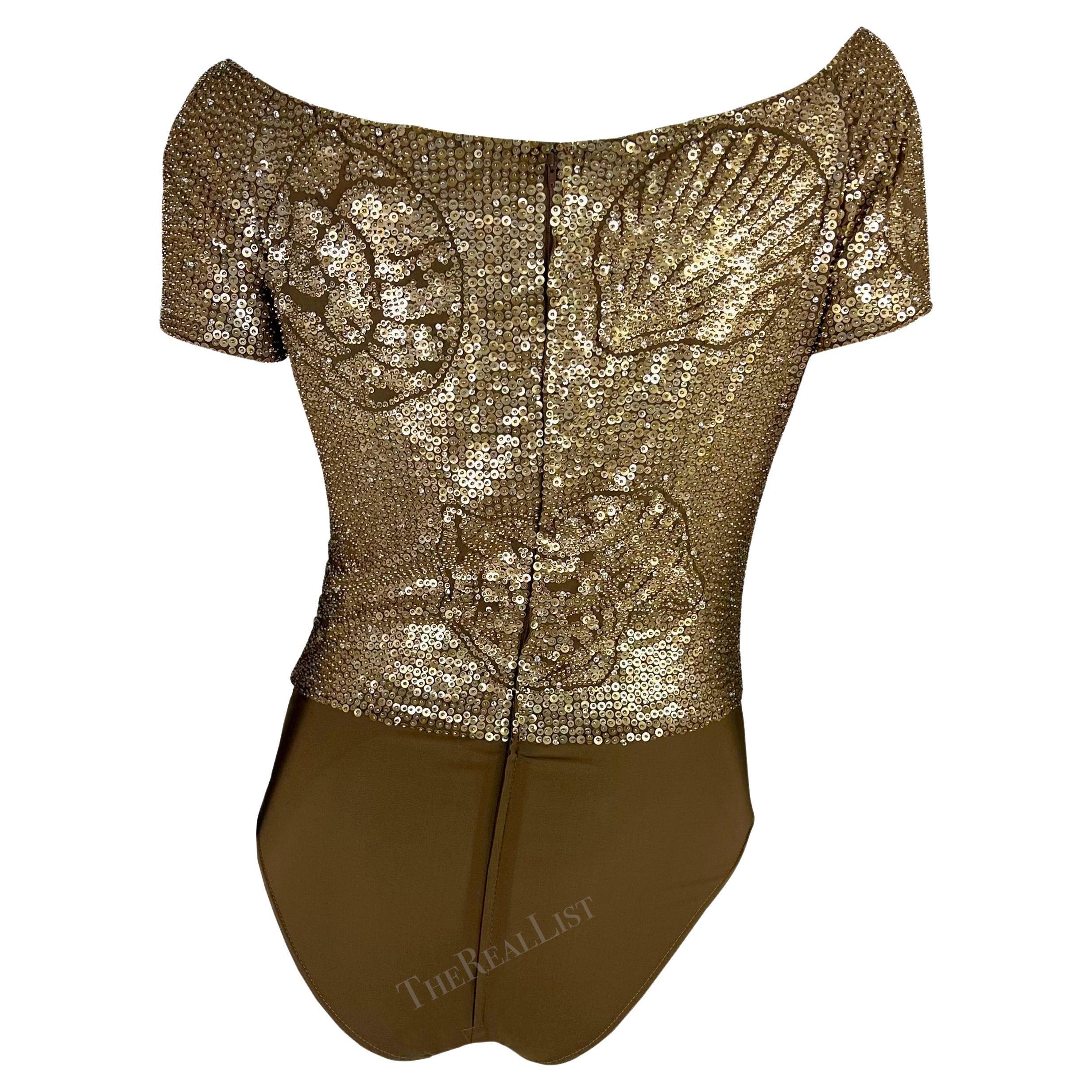 Marrone P/E 1996 Valentino Garavani Runway Set di perline e paillettes, body e gonna in raso in vendita