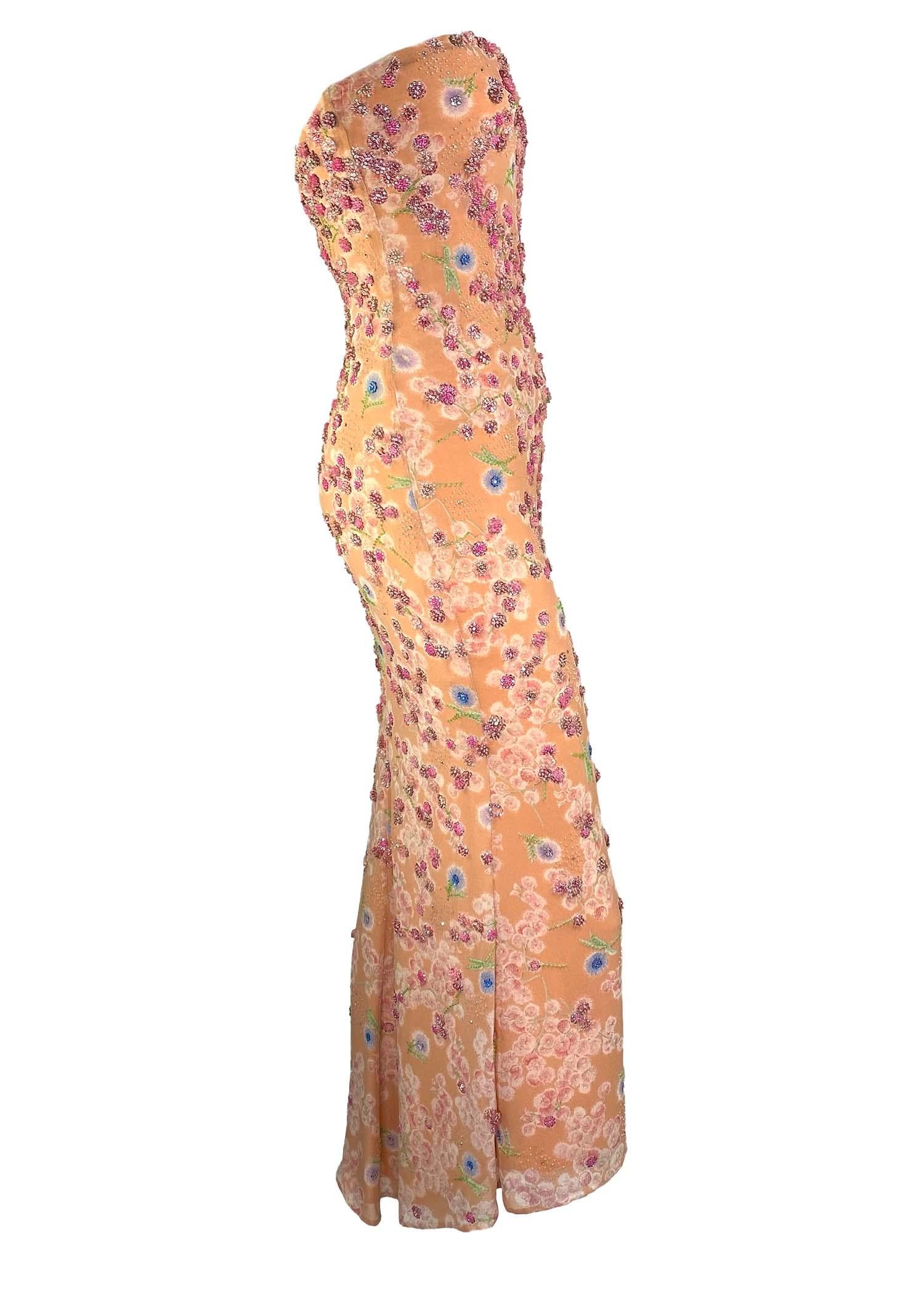 Beige S/S 1997 Atelier Versace by Gianni Beaded Floral Dress Corset Removable Strap For Sale