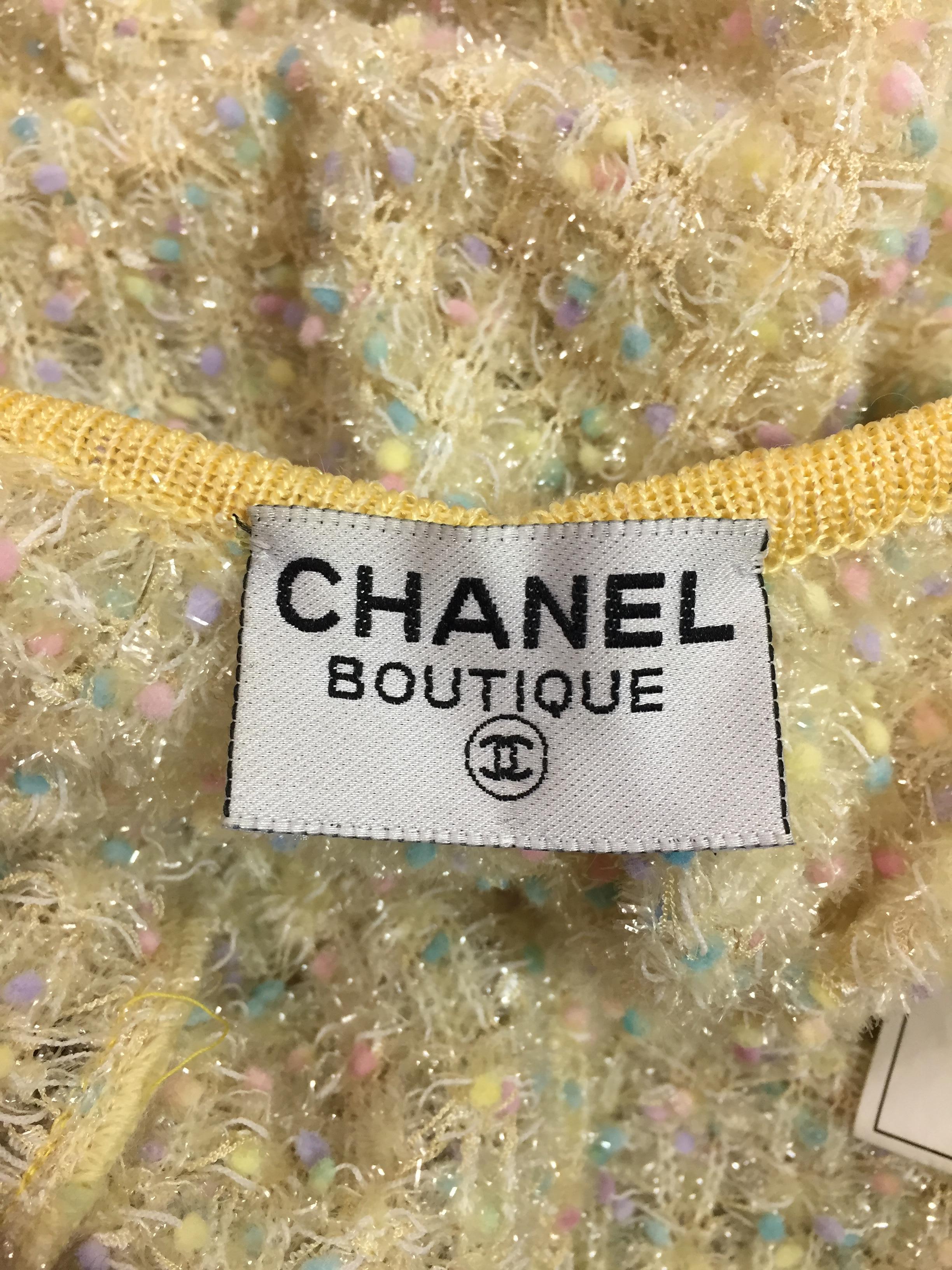 Women's S/S 1997 Chanel Sheer Knit Plunging Back Confetti Tweed Wiggle Long Dress