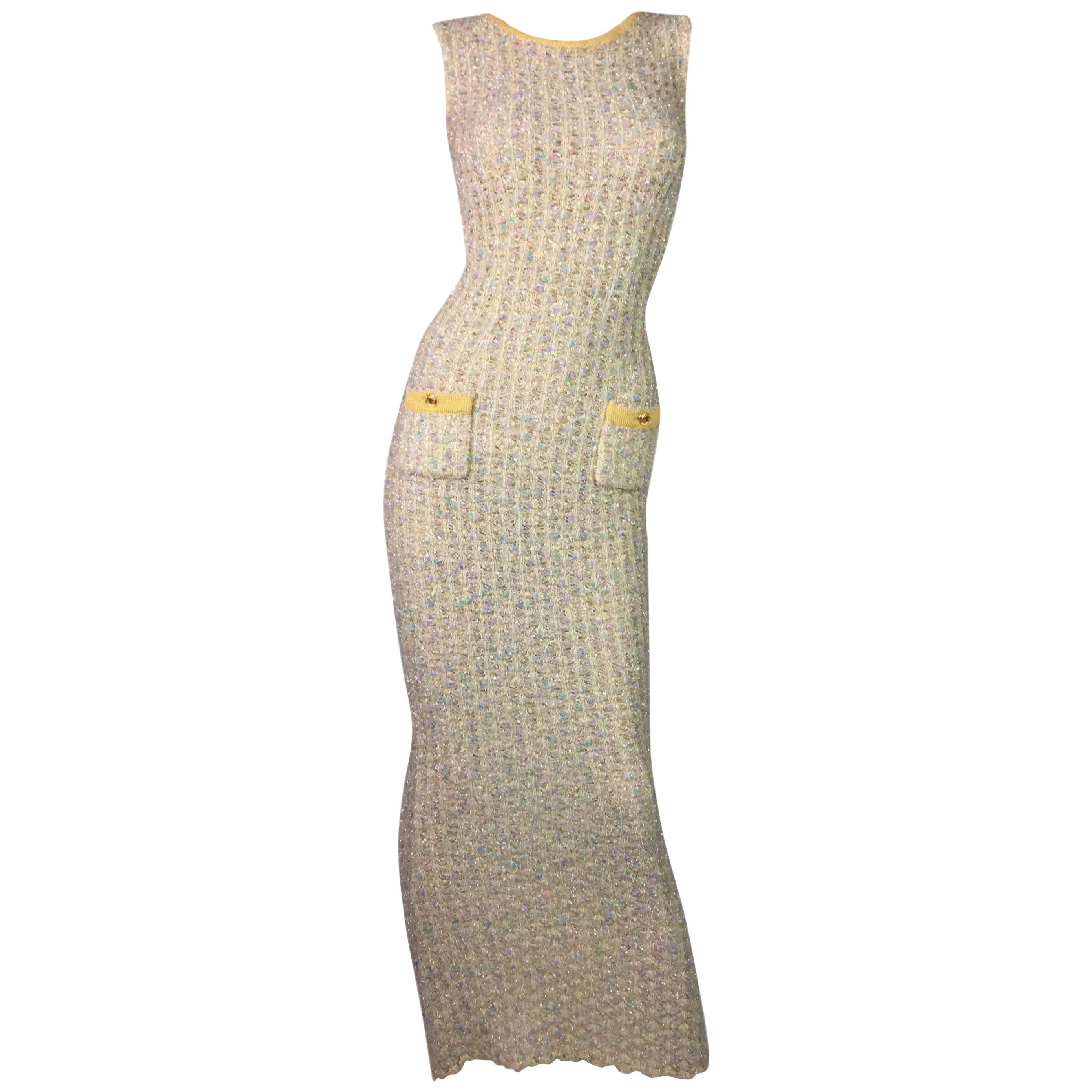 S/S 1997 Chanel Sheer Knit Plunging Back Confetti Tweed Wiggle Long Dress