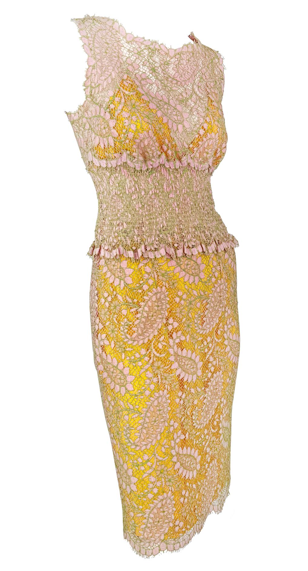 S/S 1997 Chloé by Karl Lagerfeld Runway Sheer Pink Lace Marigold Silk Skirt Set For Sale 5