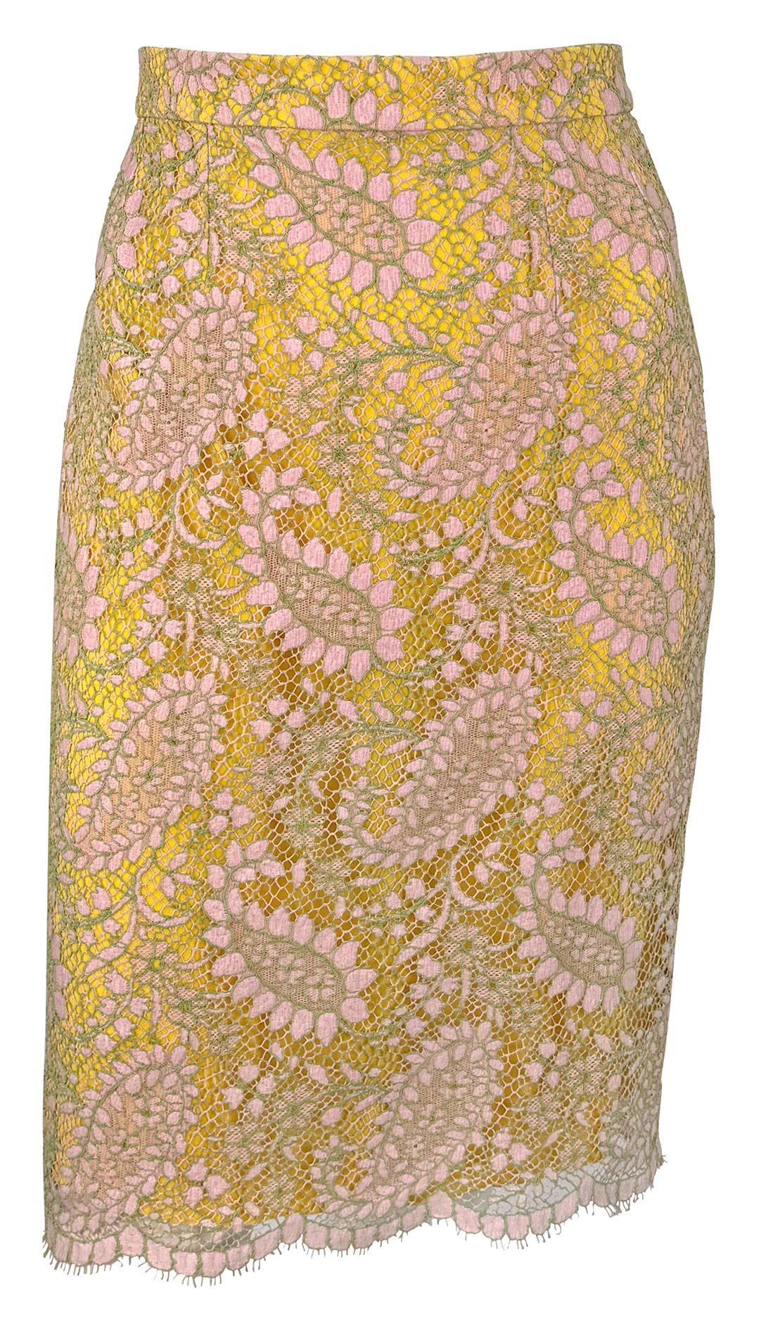 S/S 1997 Chloé by Karl Lagerfeld Runway Sheer Pink Lace Marigold Silk Skirt Set For Sale 6