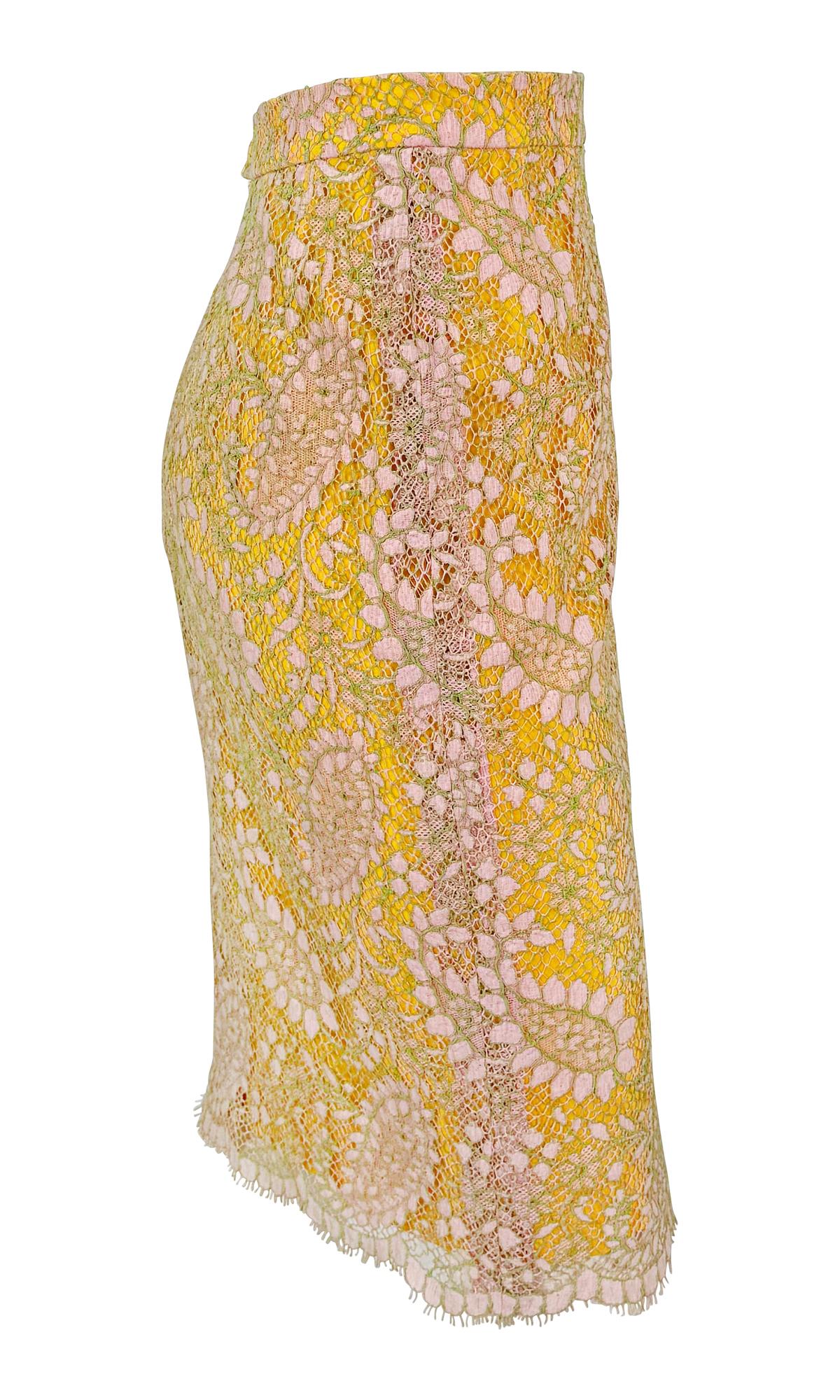 S/S 1997 Chloé by Karl Lagerfeld Runway Sheer Pink Lace Marigold Silk Skirt Set For Sale 10