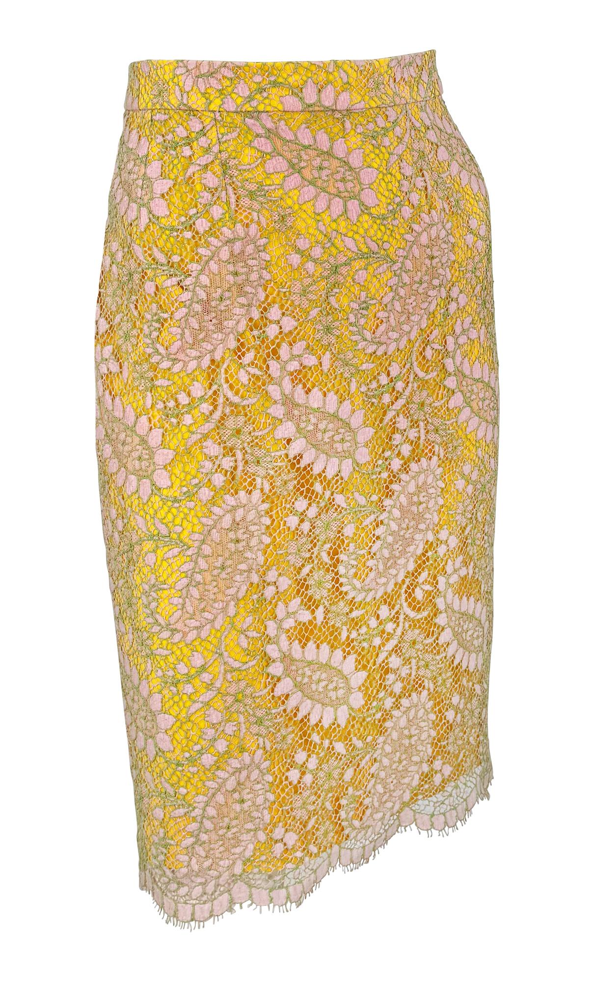 S/S 1997 Chloé by Karl Lagerfeld Runway Sheer Pink Lace Marigold Silk Skirt Set For Sale 11