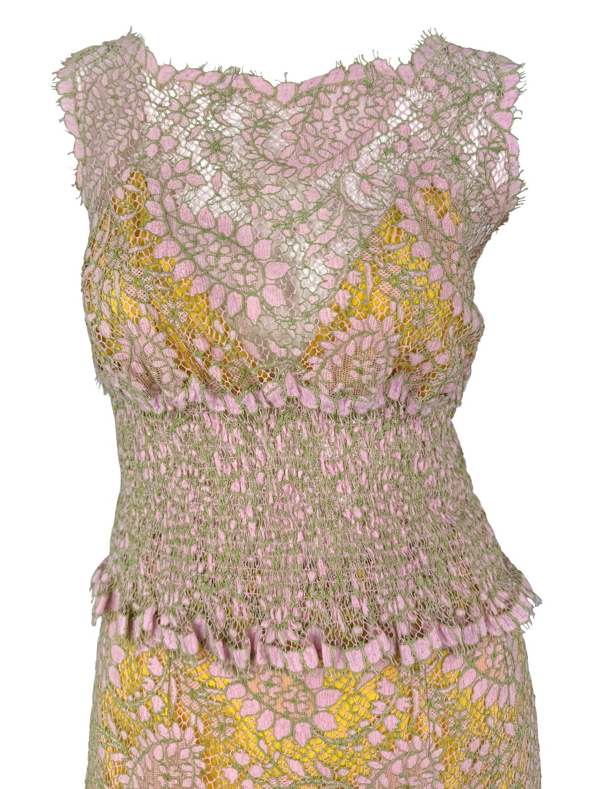 S/S 1997 Chloé by Karl Lagerfeld Runway Sheer Pink Lace Marigold Silk Skirt Set In Excellent Condition For Sale In West Hollywood, CA