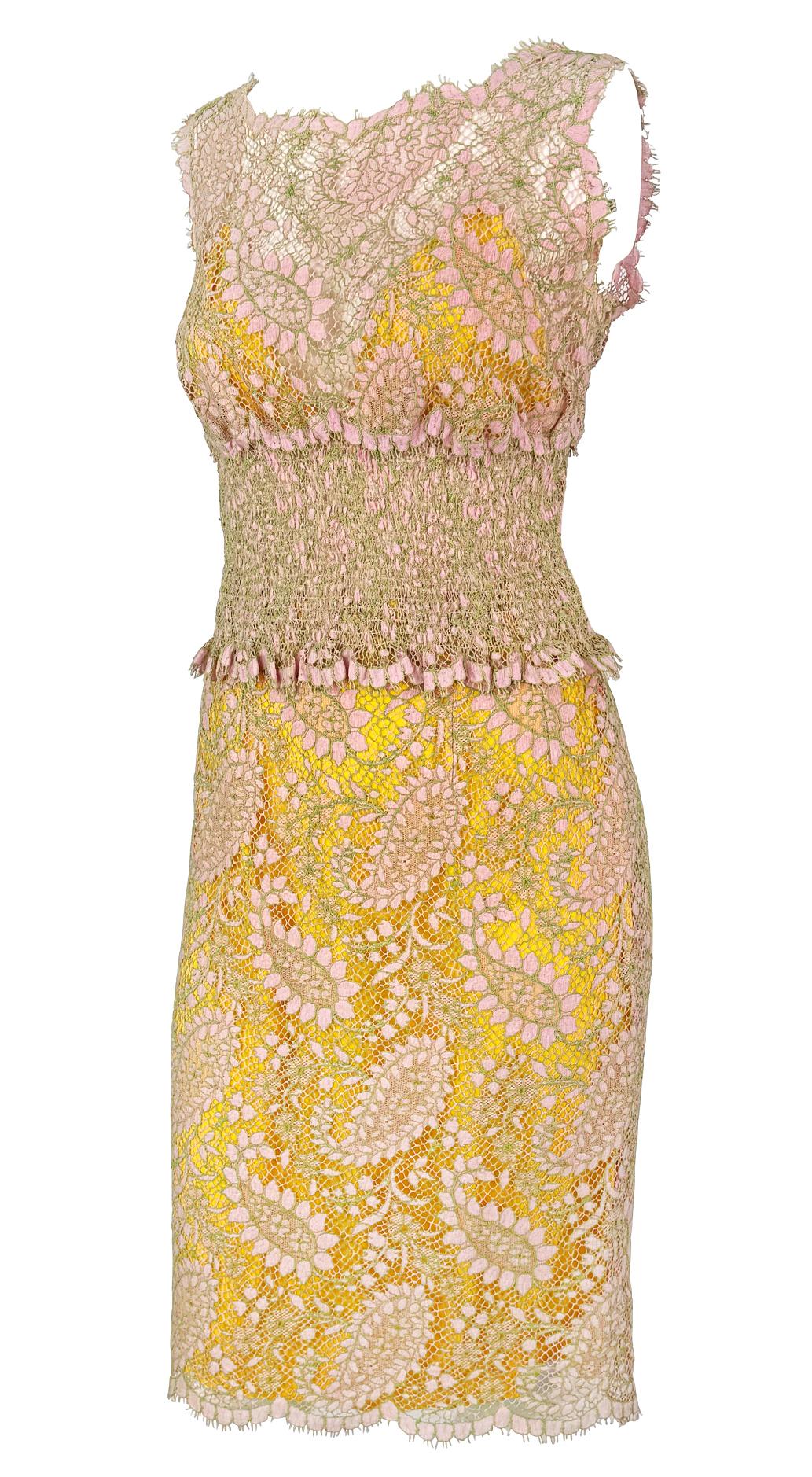 Women's S/S 1997 Chloé by Karl Lagerfeld Runway Sheer Pink Lace Marigold Silk Skirt Set For Sale