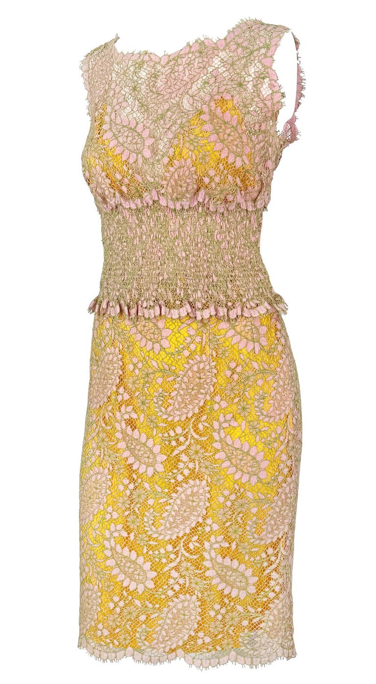 S/S 1997 Chlo by Karl Lagerfeld Runway Sheer Pink Lace Marigold Silk Skirt  Set
