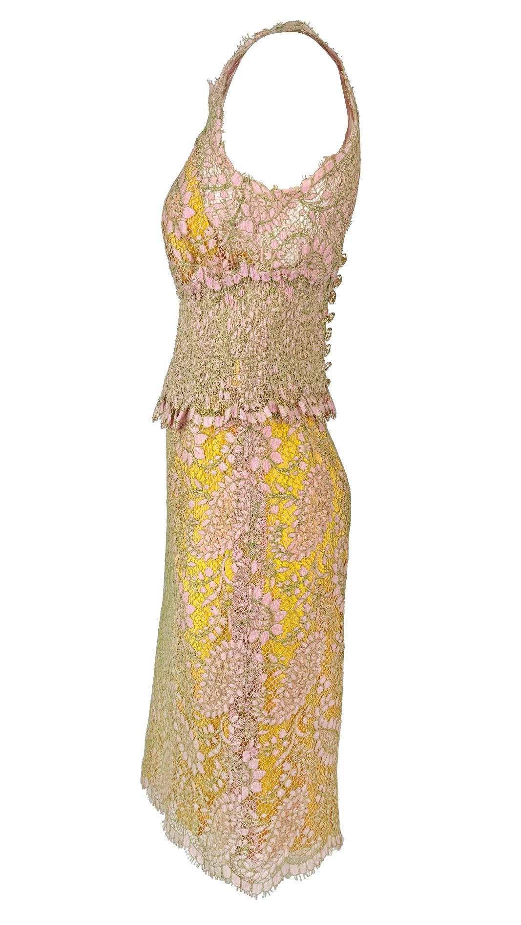 S/S 1997 Chloé by Karl Lagerfeld Runway Sheer Pink Lace Marigold Silk Skirt Set For Sale 1