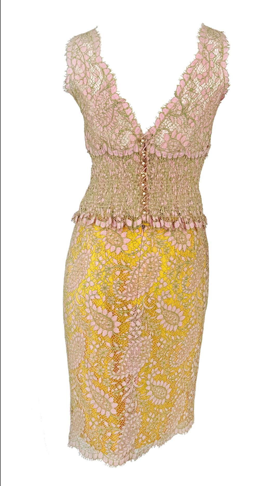 S/S 1997 Chloé by Karl Lagerfeld Runway Sheer Pink Lace Marigold Silk Skirt Set For Sale 2