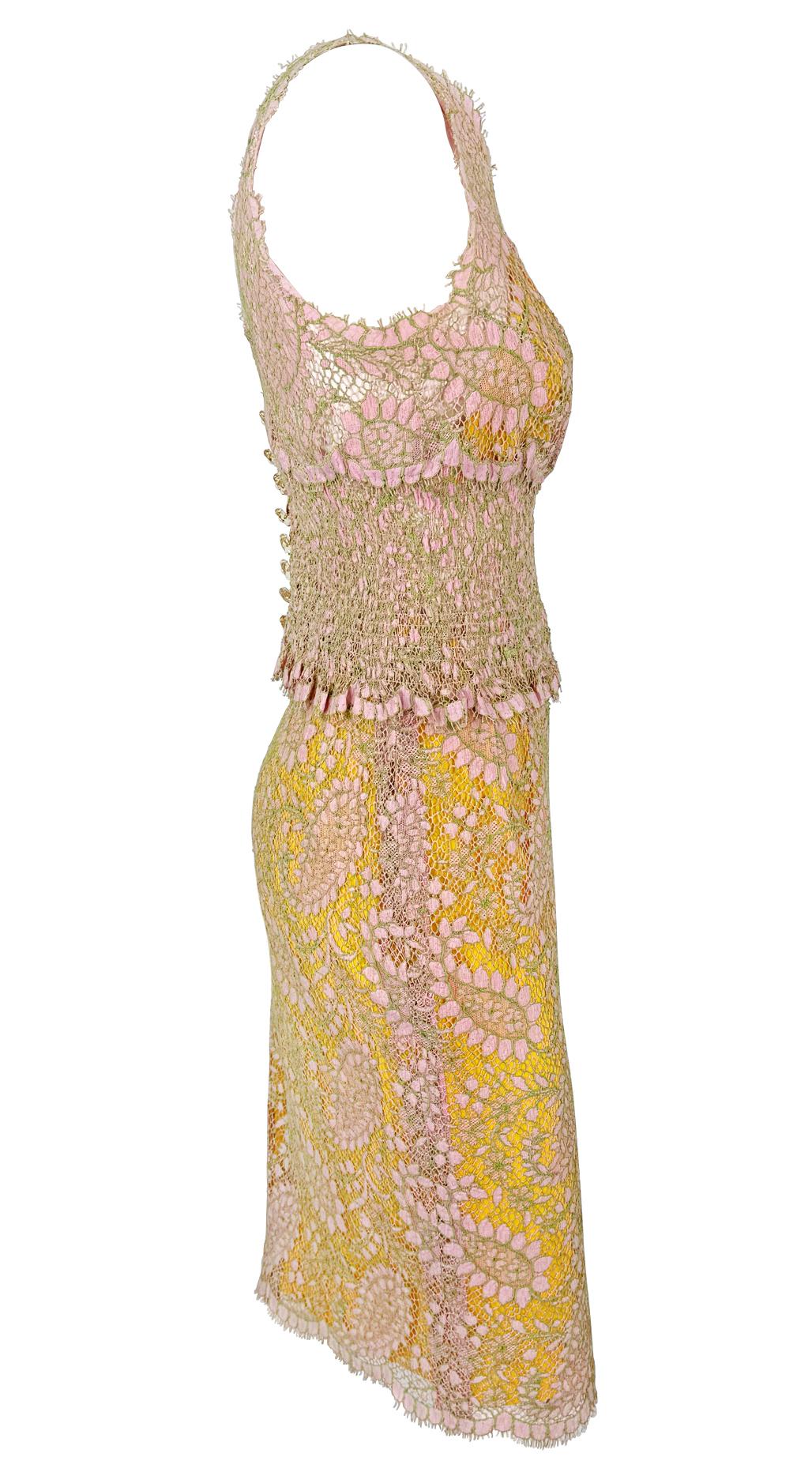 S/S 1997 Chloé by Karl Lagerfeld Runway Sheer Pink Lace Marigold Silk Skirt Set For Sale 4
