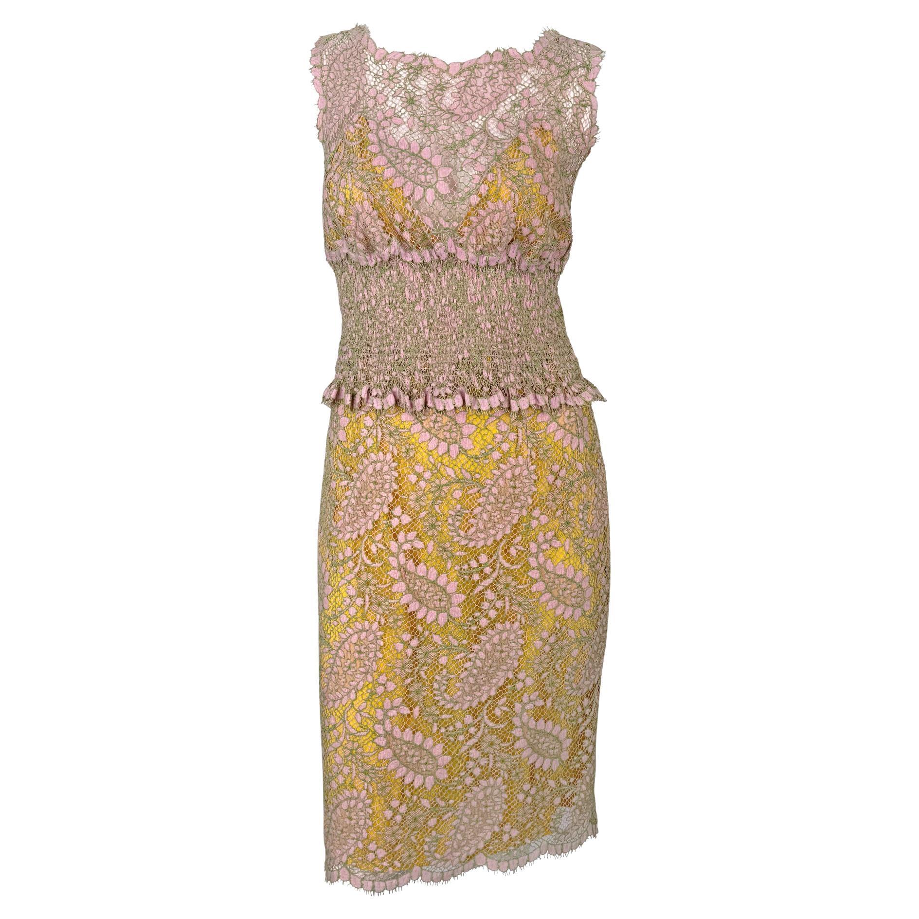 S/S 1997 Chloé by Karl Lagerfeld Runway Sheer Pink Lace Marigold Silk Skirt Set For Sale