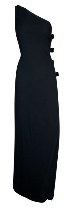 S/S 1997 Christian Dior Laufsteg Schwarzes One Shoulder Cut-Out Maxikleid mit hohem Schlitz