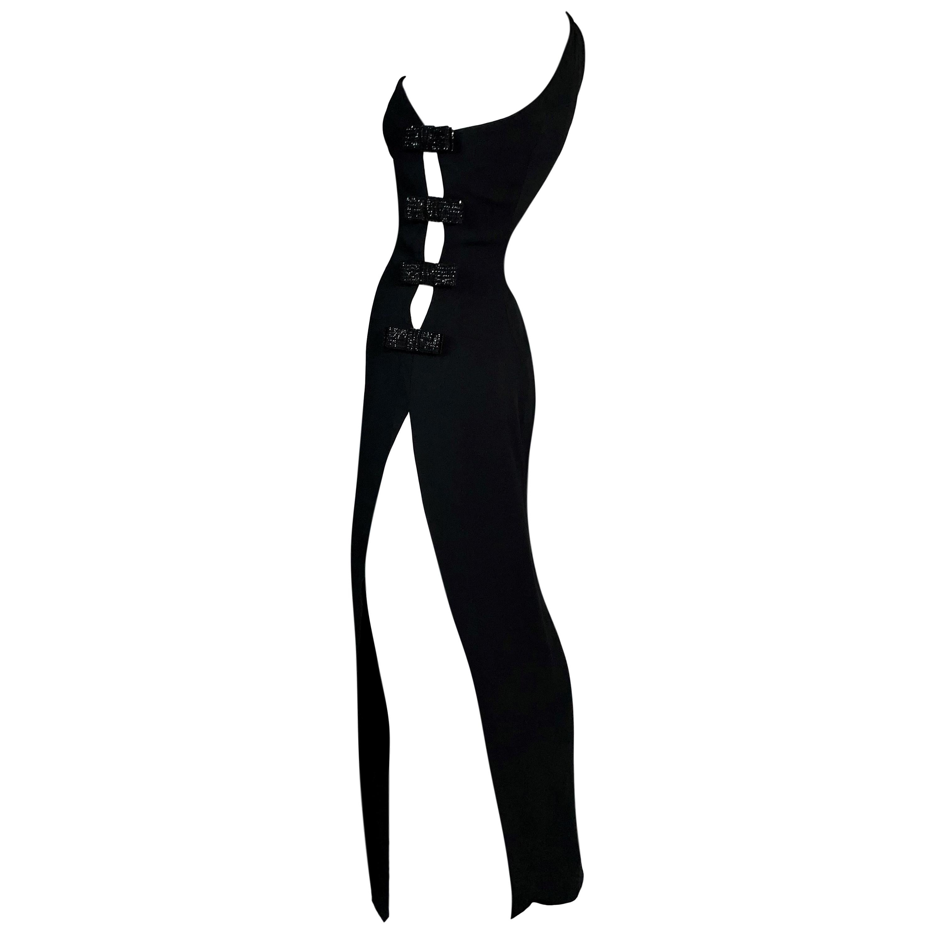 S/S 1997 Christian Dior Runway Black One Shoulder Cut-Out High Slit Maxi Dress