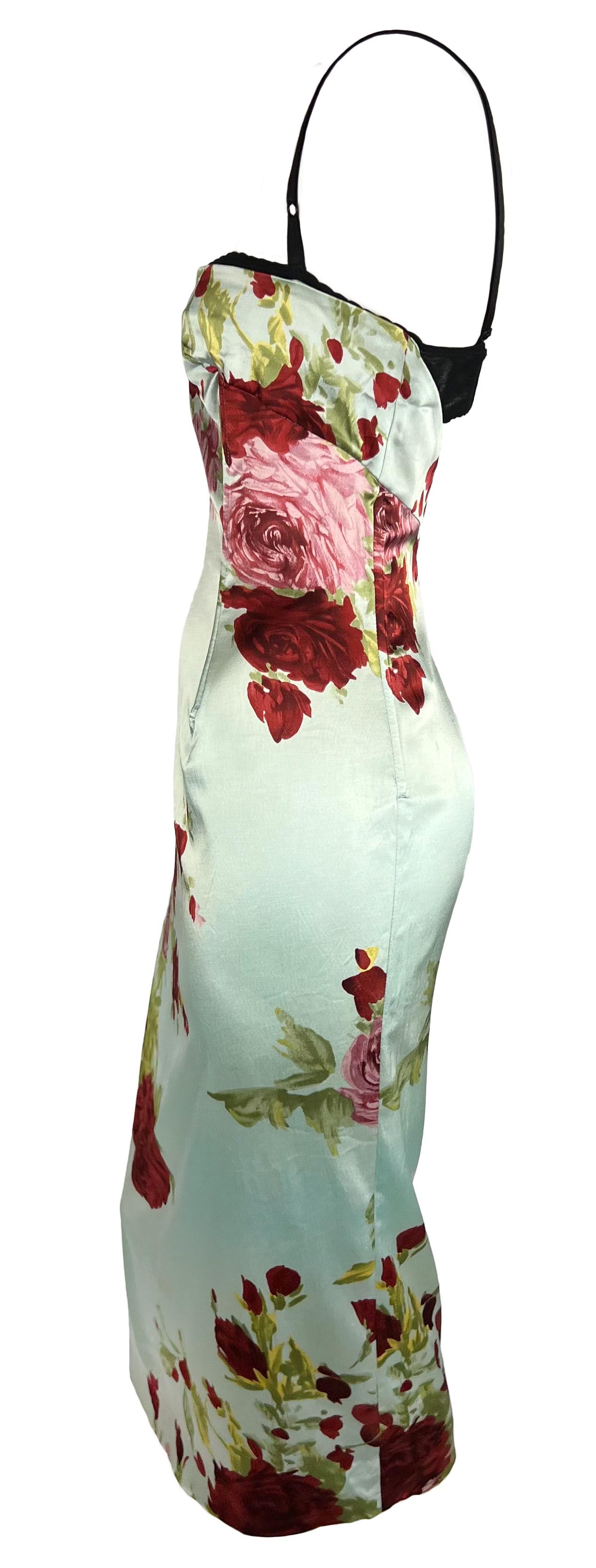 Gray S/S 1997 Dolce & Gabbana Baby Blue Satin Floral Print Backless Midi Dress