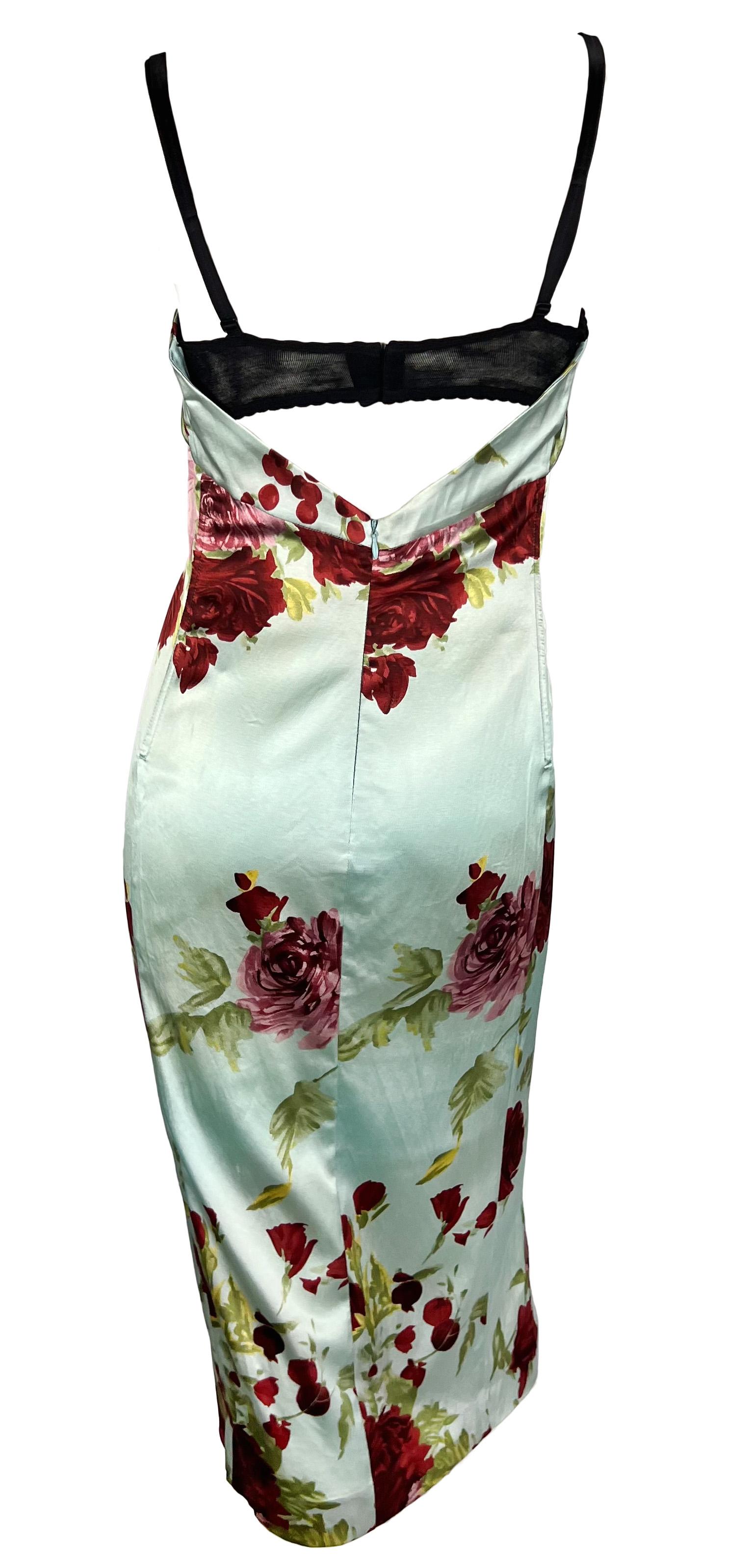S/S 1997 Dolce & Gabbana Baby Blue Satin Floral Print Backless Midi Dress In Good Condition In West Hollywood, CA