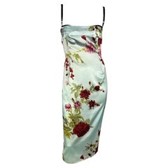 Vintage S/S 1997 Dolce & Gabbana Baby Blue Satin Floral Print Backless Midi Dress