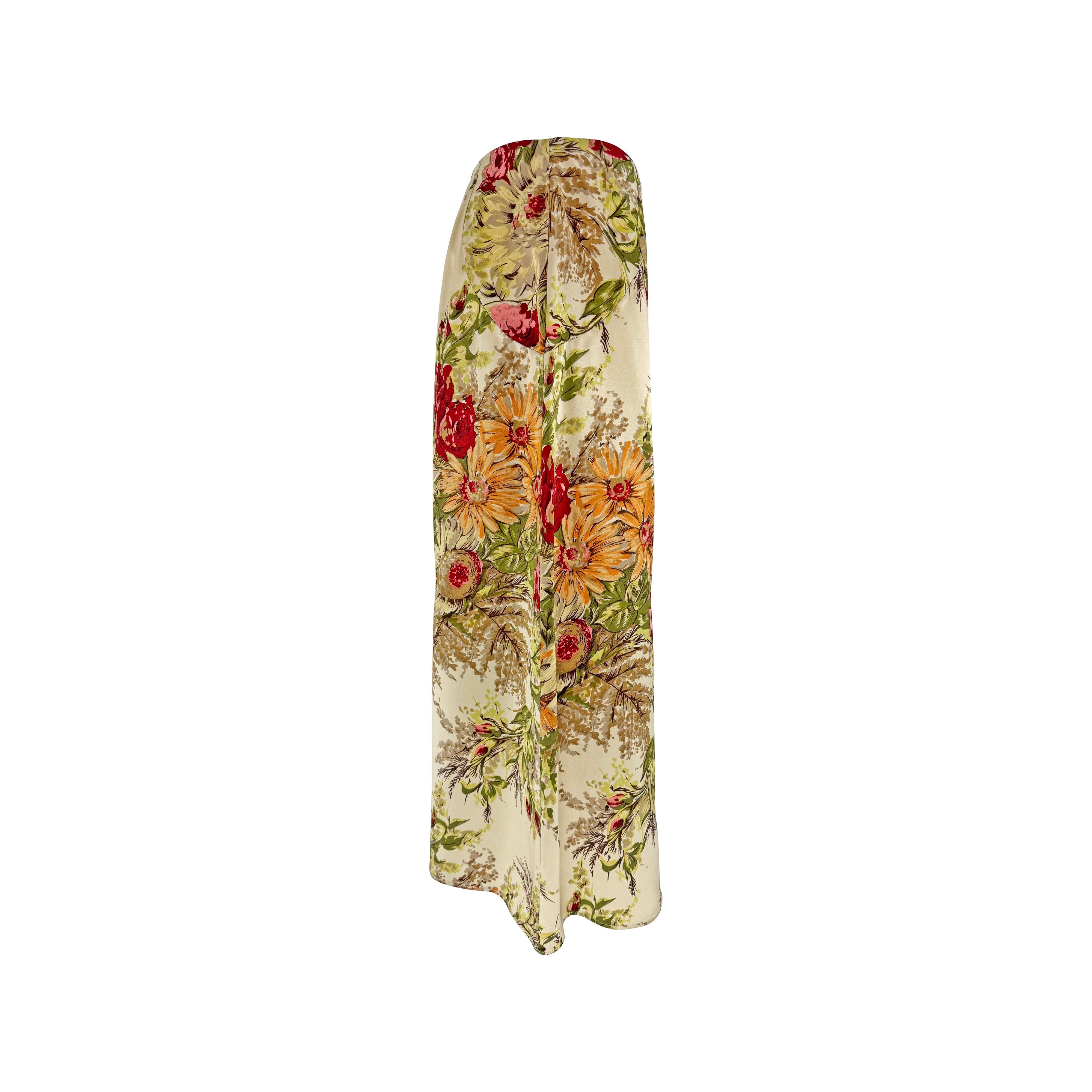 Beige P/E 1997 Dolce & Gabbana - Gonna midi in raso beige con stampa floreale in vendita