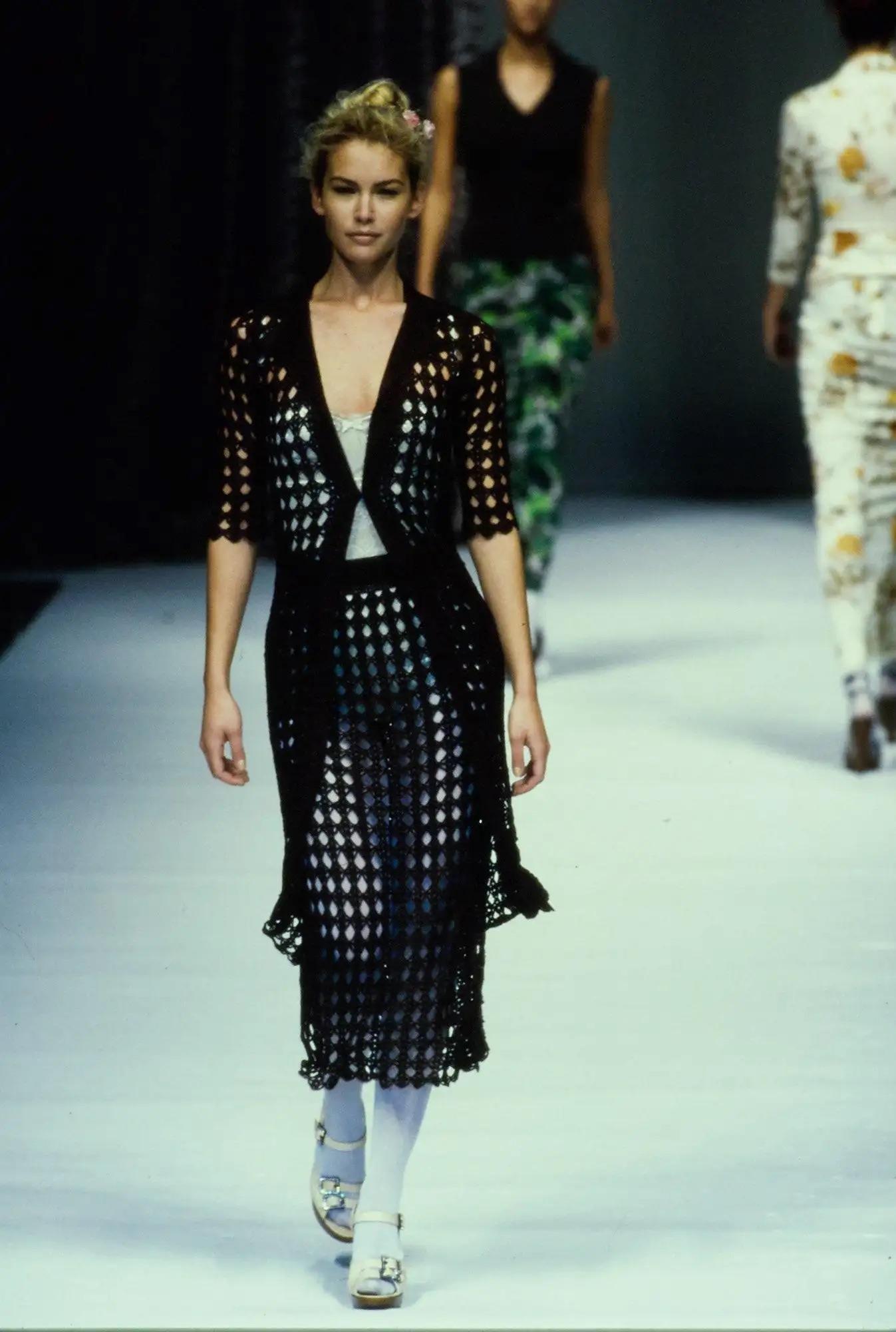 Women's S/S 1997 Dolce & Gabbana Black Knit Crochet Maxi Skirt Top Skirt Set For Sale