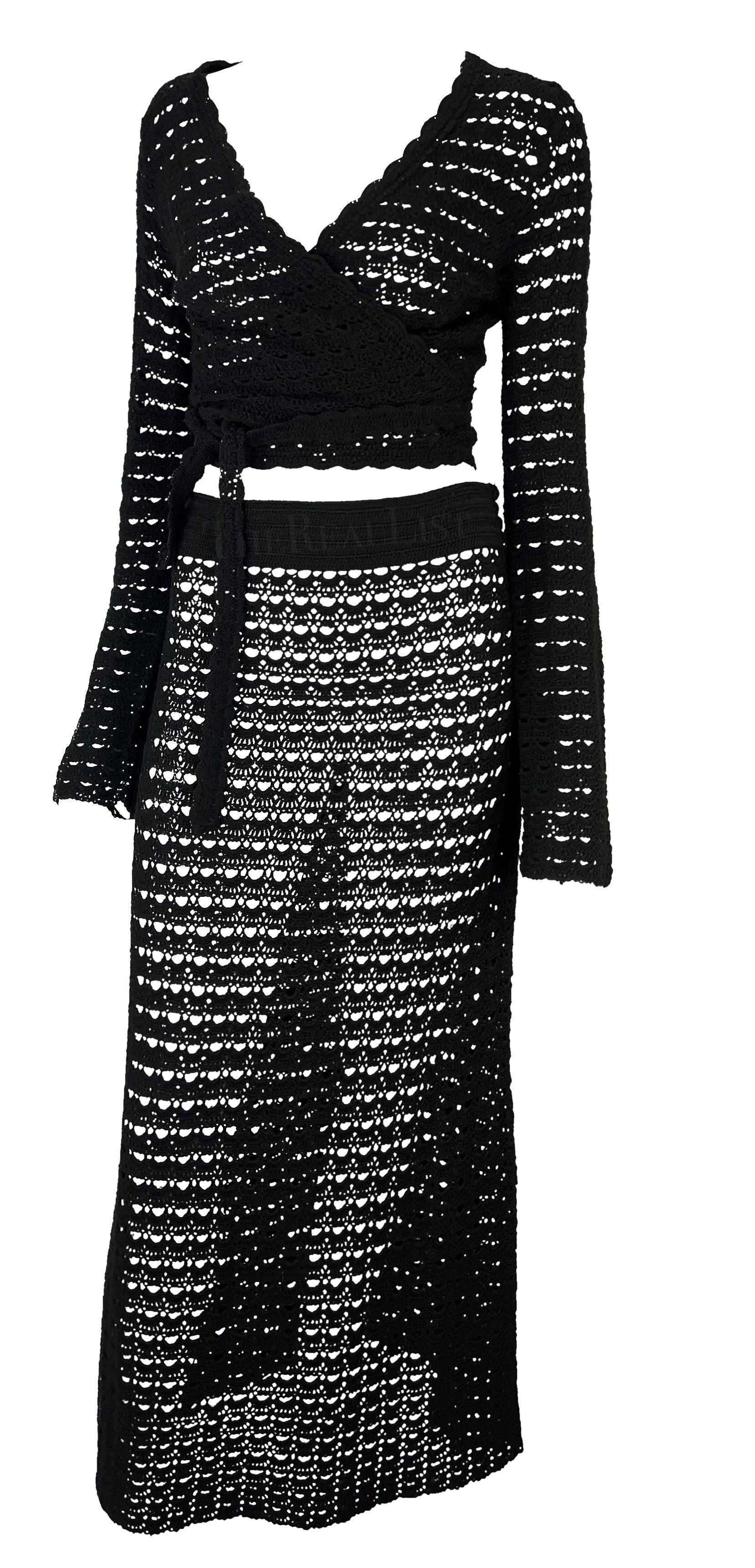 S/S 1997 Dolce & Gabbana Black Knit Crochet Maxi Skirt Wrap Top Skirt Set For Sale 1