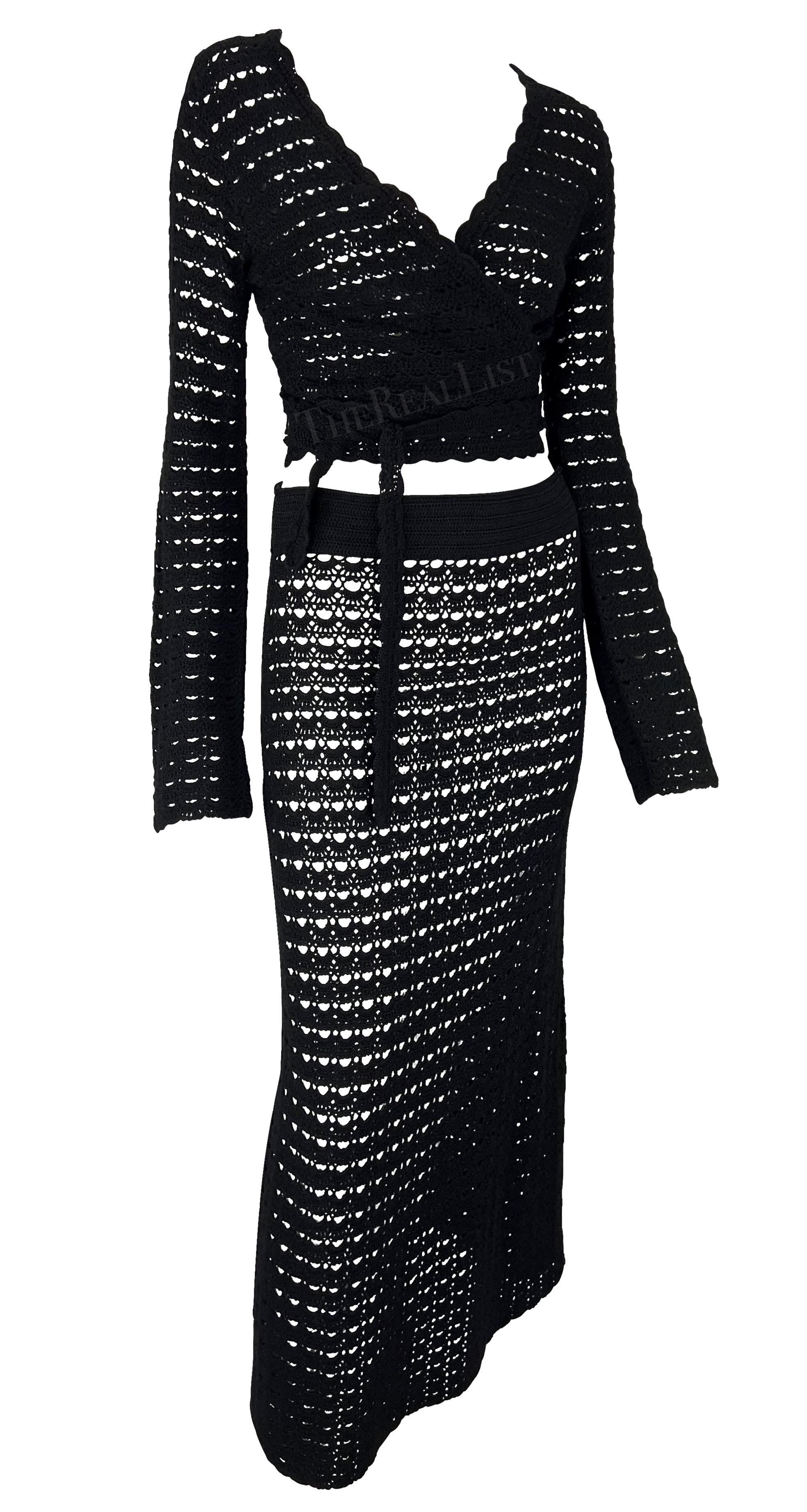 S/S 1997 Dolce & Gabbana Black Knit Crochet Maxi Skirt Wrap Top Skirt Set en vente 4