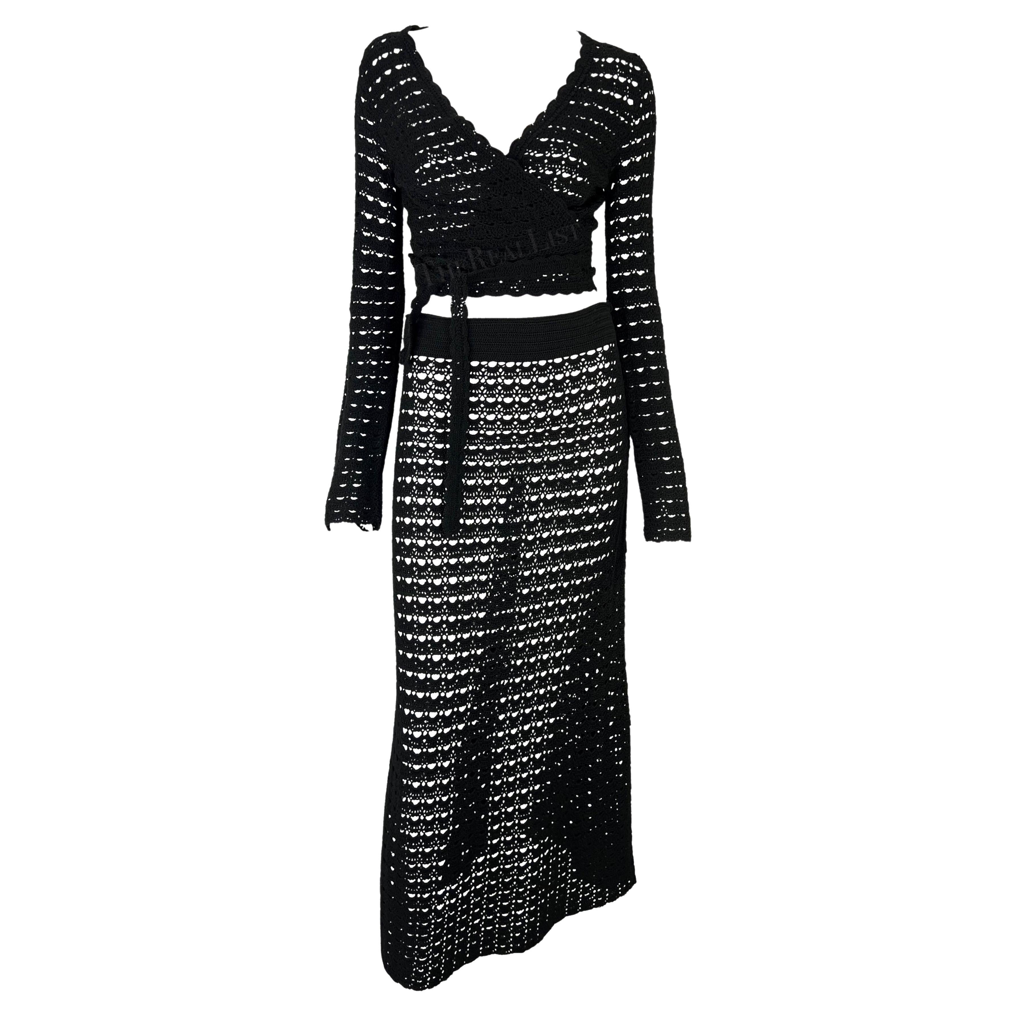 S/S 1997 Dolce & Gabbana Black Knit Crochet Maxi Skirt Wrap Top Skirt Set For Sale