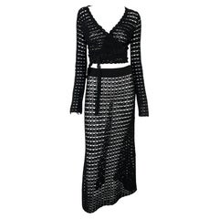 S/S 1997 Dolce & Gabbana Black Knit Crochet Maxi Skirt Wrap Top Skirt Set