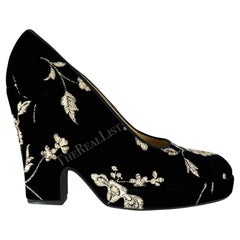 S/S 1997 Dolce & Gabbana Black Velvet Floral Embroidered Chunky Block Heels