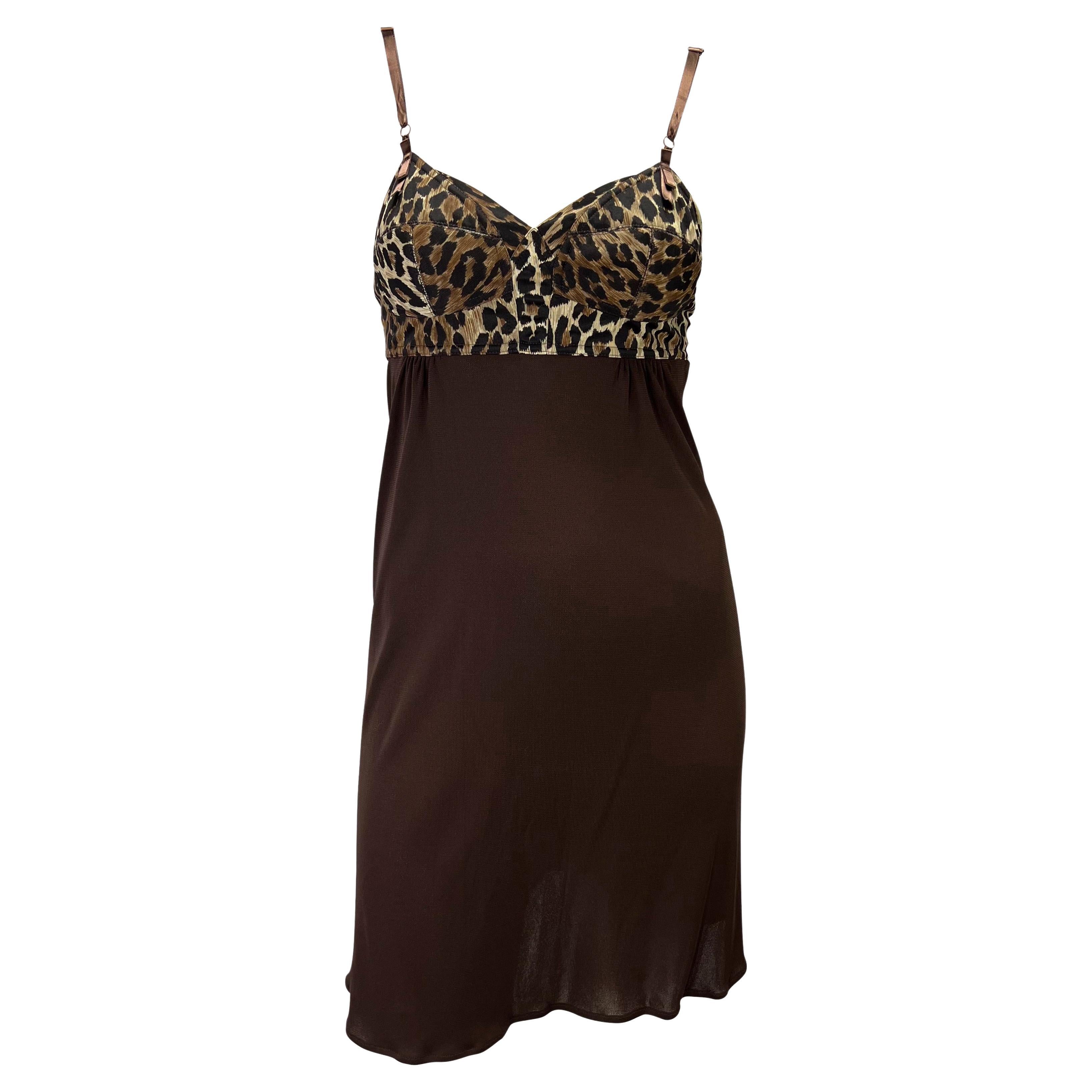 S/S 1997 Dolce & Gabbana Cheetah Print Sheer Brown Bustier Slip Dress For Sale