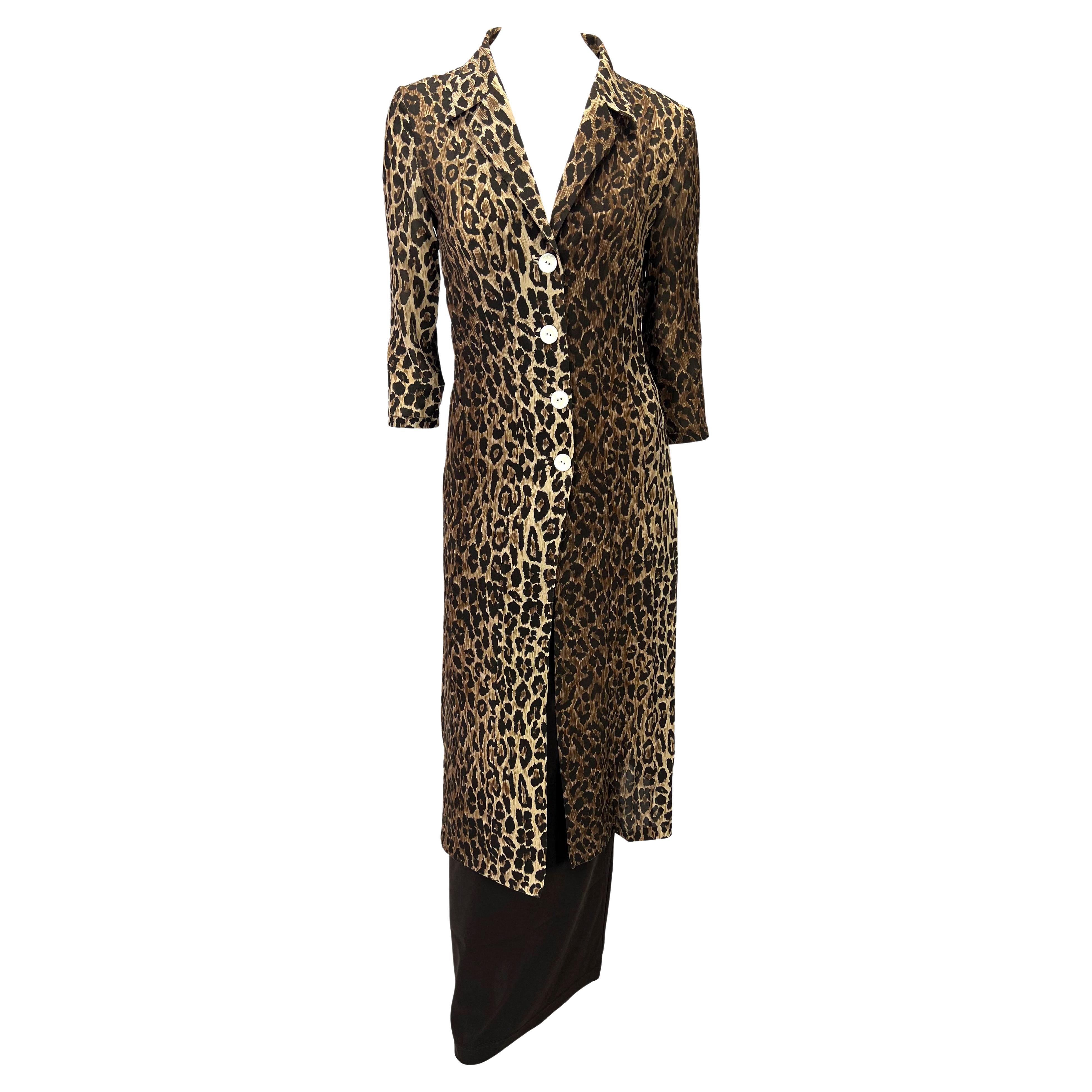 Black S/S 1997 Dolce & Gabbana Cheetah Print Sheer Cardigan High-Waisted Skirt Set For Sale