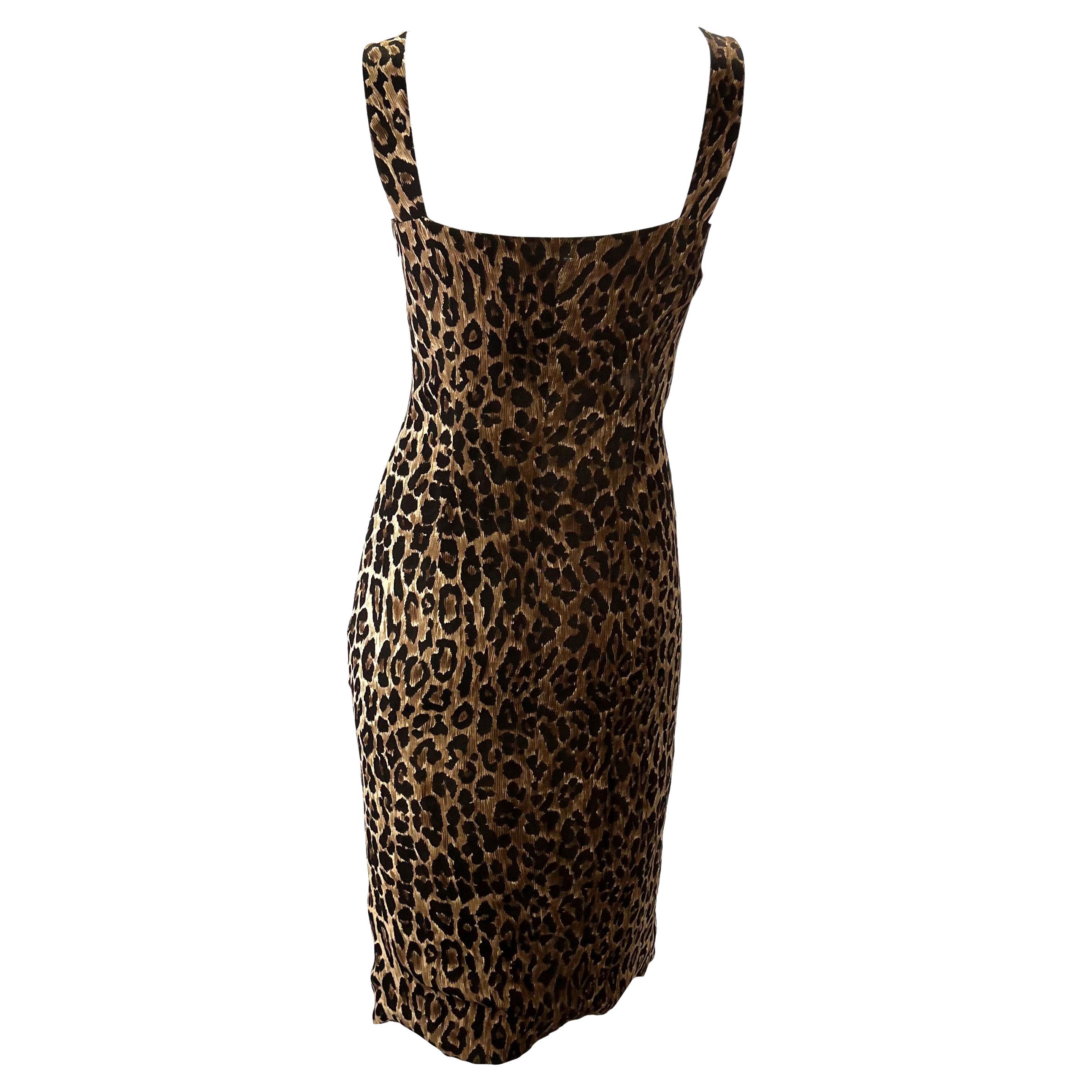 S/S 1997 Dolce & Gabbana Cheetah Print Silk Sleeveless Bodycon Pin-Up Dress In Excellent Condition For Sale In West Hollywood, CA