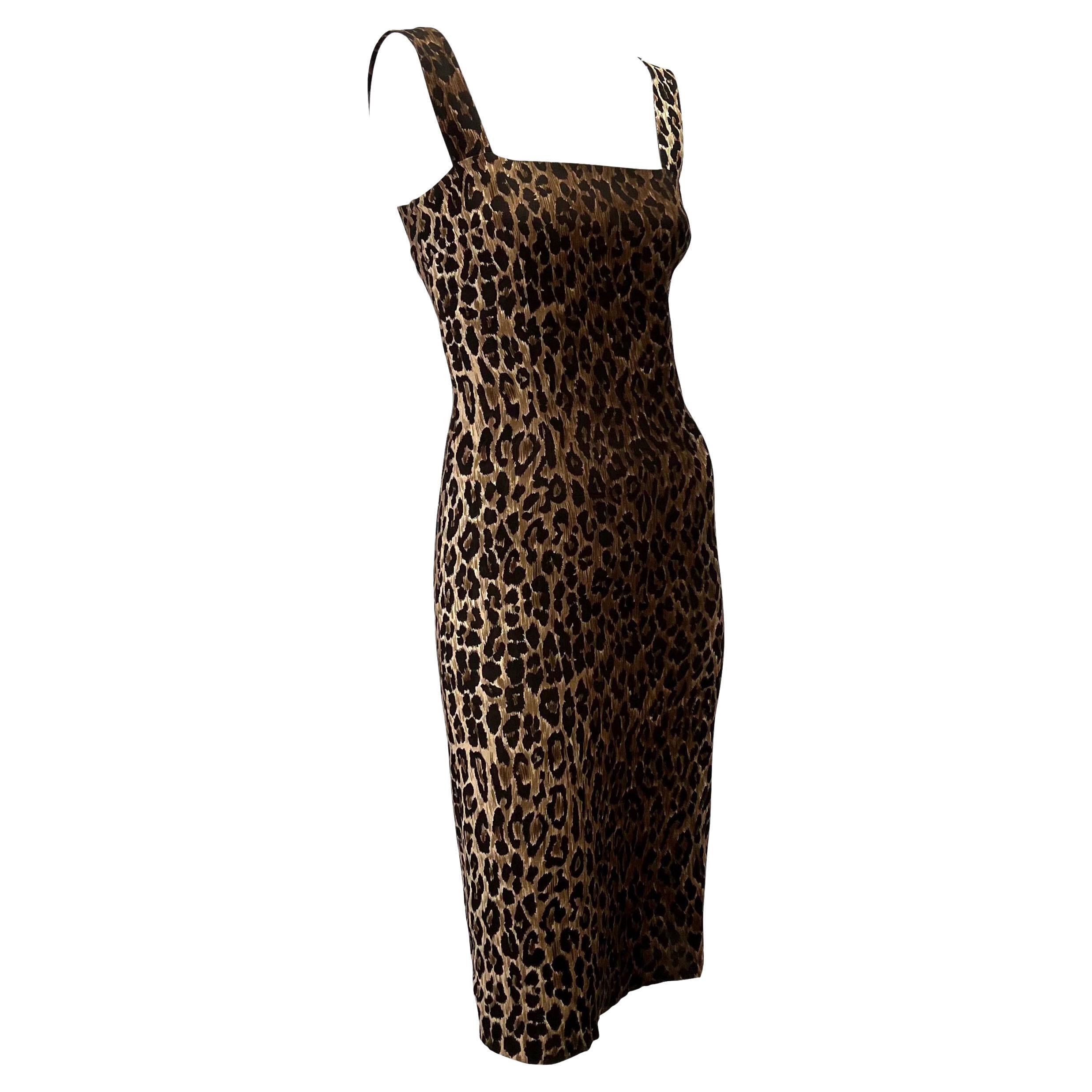S/S 1997 Dolce & Gabbana Cheetah Print Silk Sleeveless Bodycon Pin-Up Dress For Sale 1